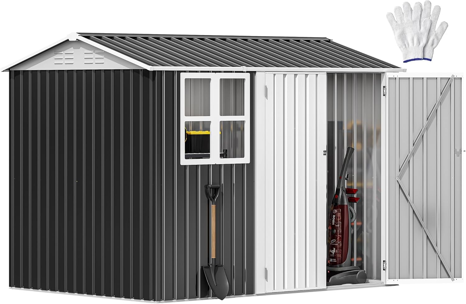 DWVO 10' x 8' Outdoor Storage Shed, Waterproof Metal Garden Shed with Windows, Lockable Doors, and Sloped Roof for Patio, Backyard, Lawn, Tool Storage, Bike Shed, Pet Shelter (Gray + White)