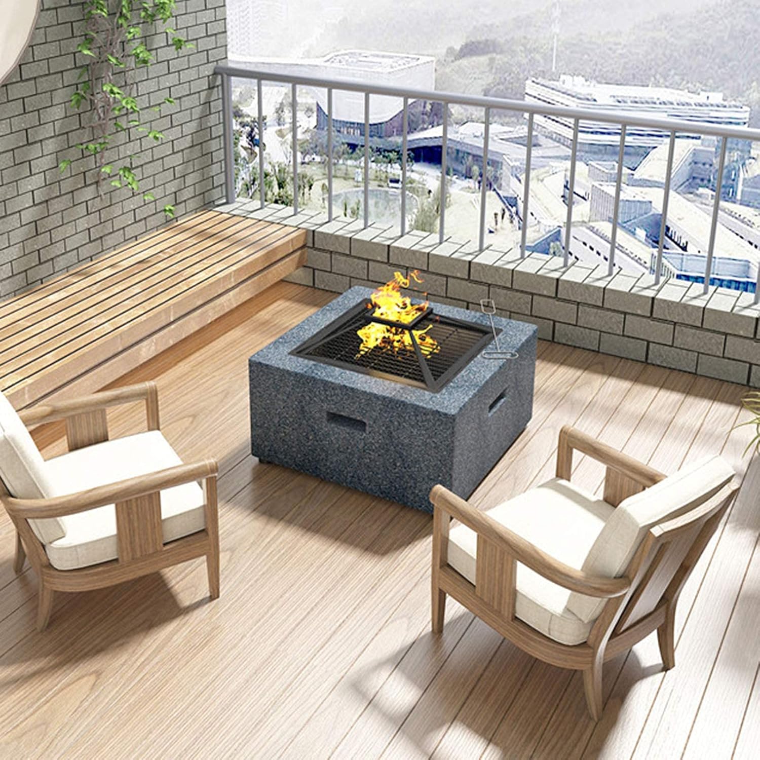 Outdoor Fire Pit Bowl,Fire Pit with BBQ Grill Shelf 70cm Fire Bowl Out of Steel with an Edging of MgO Artificial Stone with Waterproof Cover