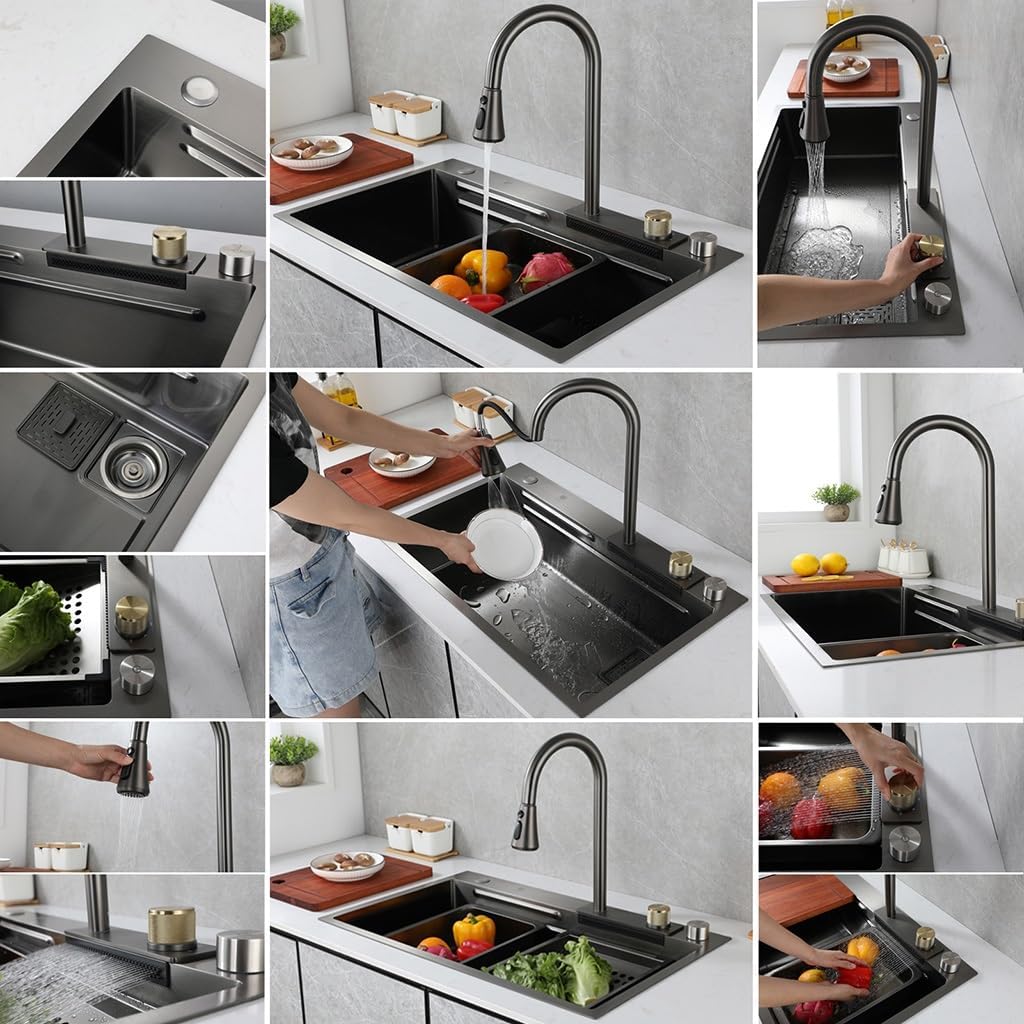 Waterfall Kitchen Sink Single Bowl Stainless Steel Bar Sink with Pull-Out Faucet, Booster Cup Washer Chopping Board and Other Accessories (Color : Black, Size : 80x45x22cm)