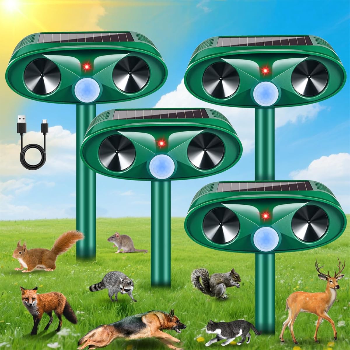 2026 Upgraded Solar Ultrasonic Animal Repellent Outdoor, Deer Repellent Devices & Cat Deterrent with Motion Sensor, Waterproof Solar Animal Repeller for Squirrel Dog Raccoon Rabbit for Yard Garden