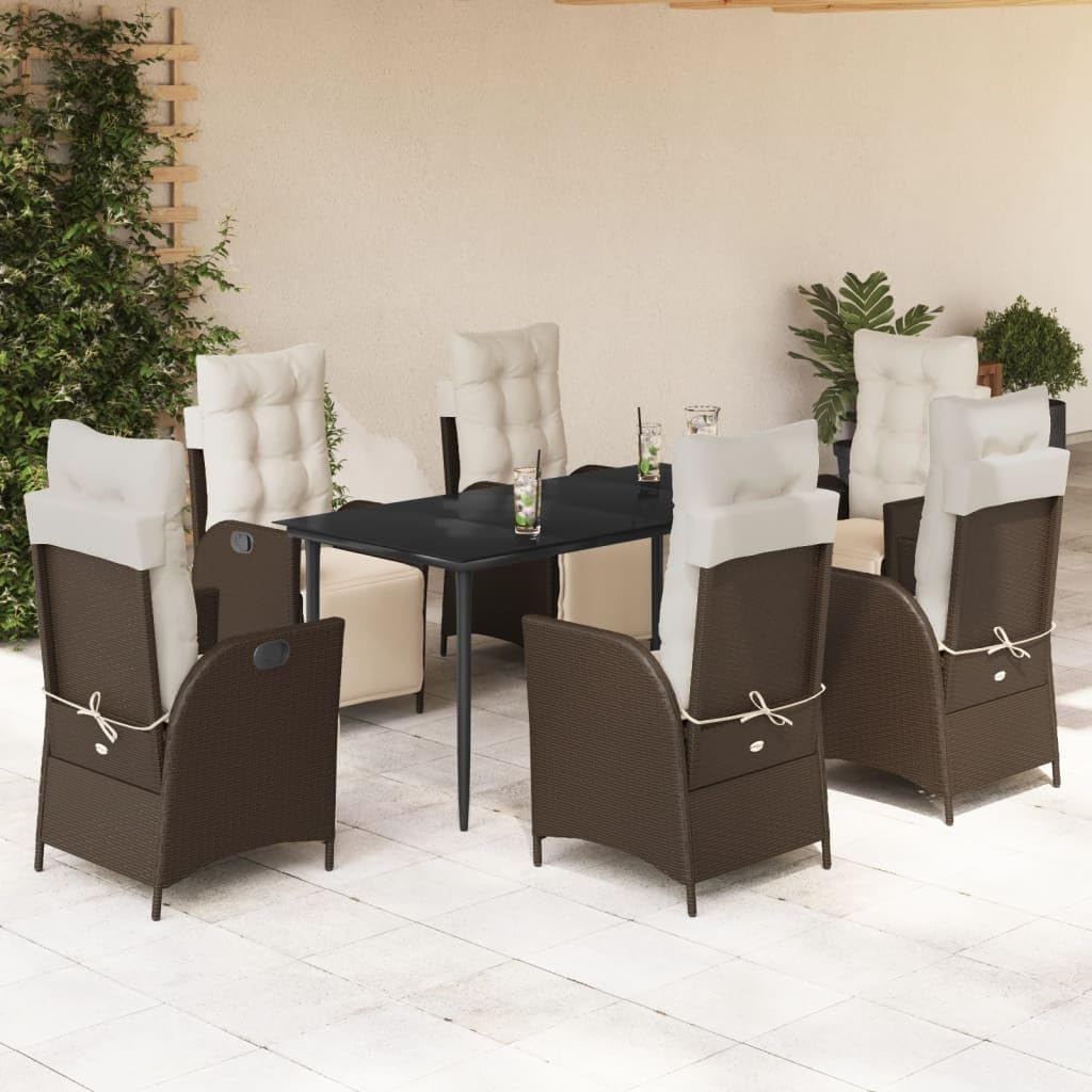 Furniture Sets 7 Piece Patio Dining Set with Cushions Brown Poly Rattan,Outdoor Garden Patio Dining Set with Adjustable Lounge Reclining Chairs and Glass Table Garden Conversation Sets