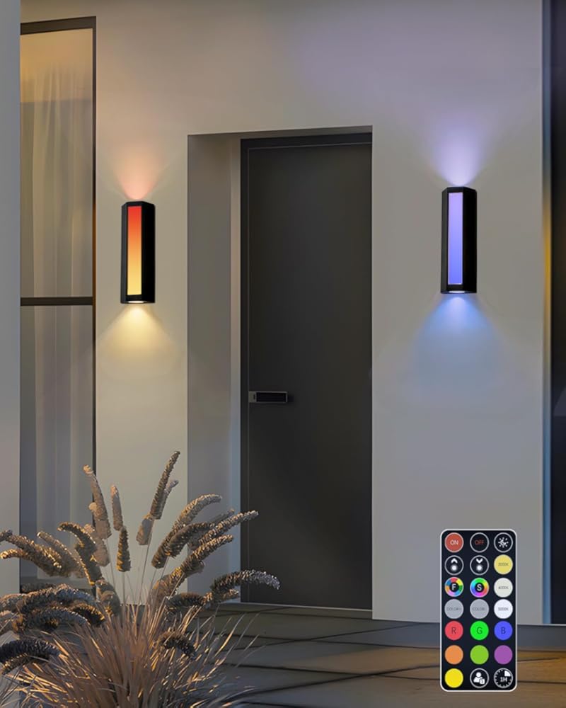 Outdoor Wall Lights RGB Color Changing, 11.8”Modern Exterior Wall Sconce Remote Control, Up and Down LED Porch Lighting Fixtures Wall Mount for House, Patio, Garage, 2 Pack