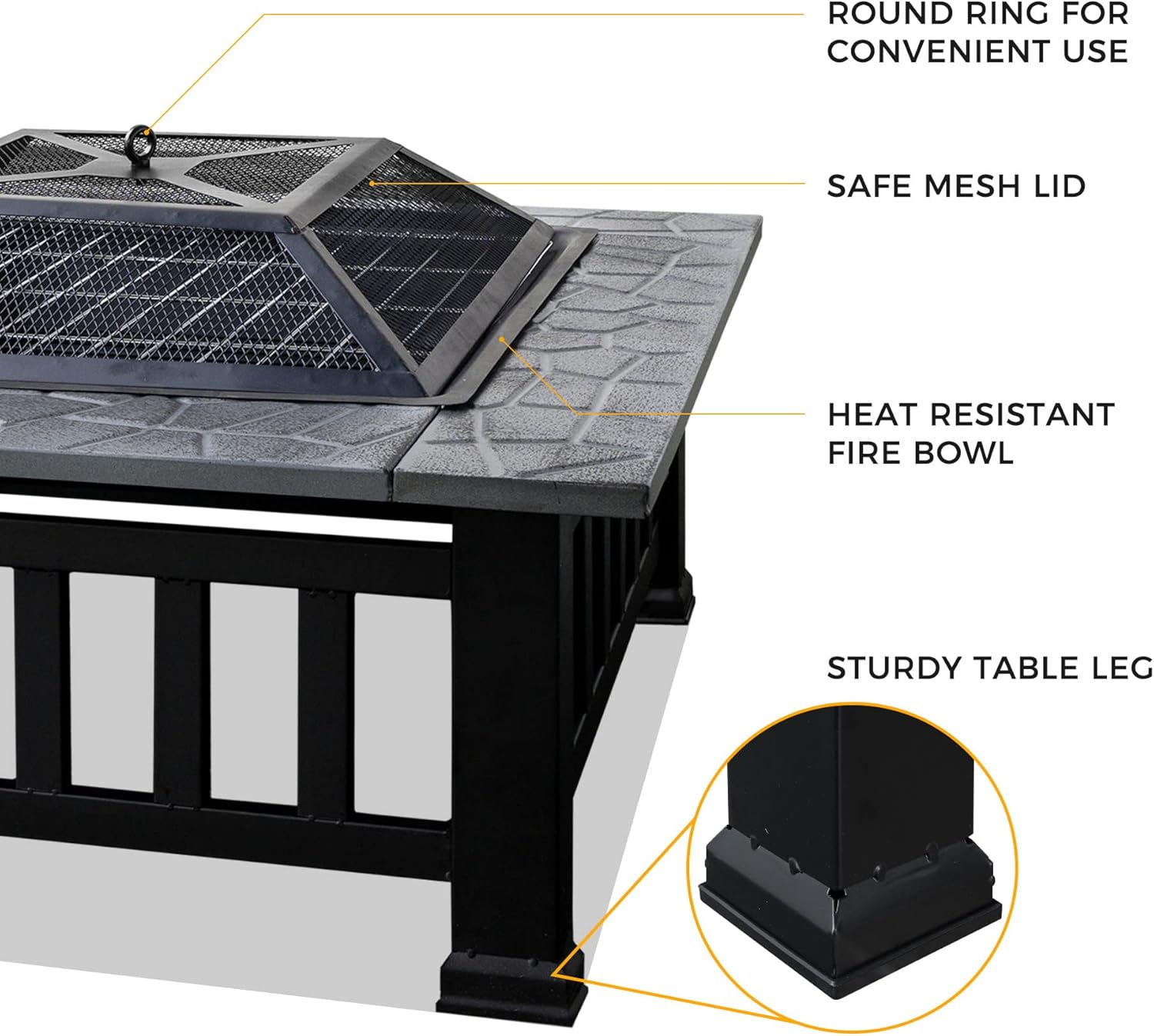 Fire Pit for Outside 3 in 1, Metal Square Outdoor Fireplace, Garden Stove with Spark Screen and Cover, Log Grate and Poker for Warmth | BBQ | Bonfire | Picnic | Camping, 32 inch