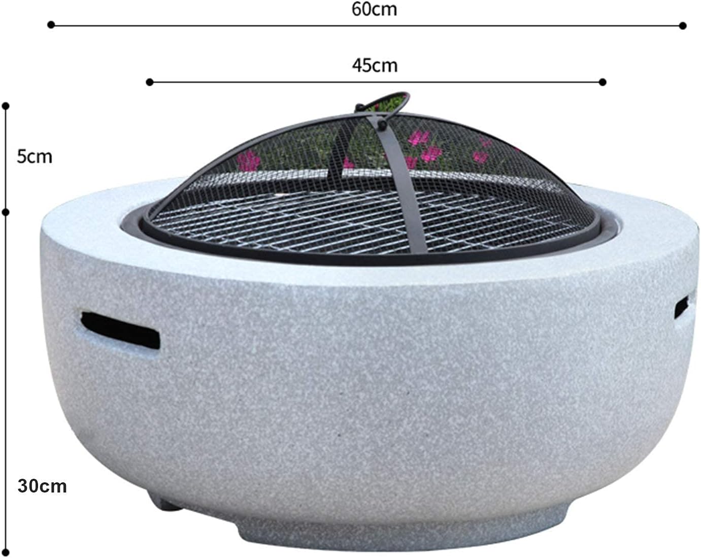 Fire Basket, Garden Fire Pit with BBQ Grill Shelf and Mesh Cover Round Tabletop Magnesium Oxide Artificial Stone Base