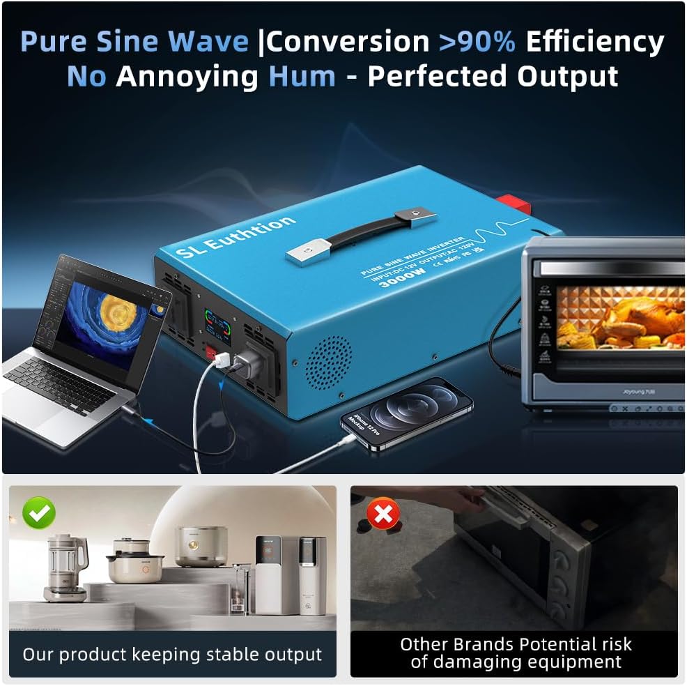 3000W Pure Sine Wave Power Inverte rvoice Control AI Voice Assistant Support English 24V to 120V 60HZ with LCD Display, USB Port, for Car Home Laptop Truck