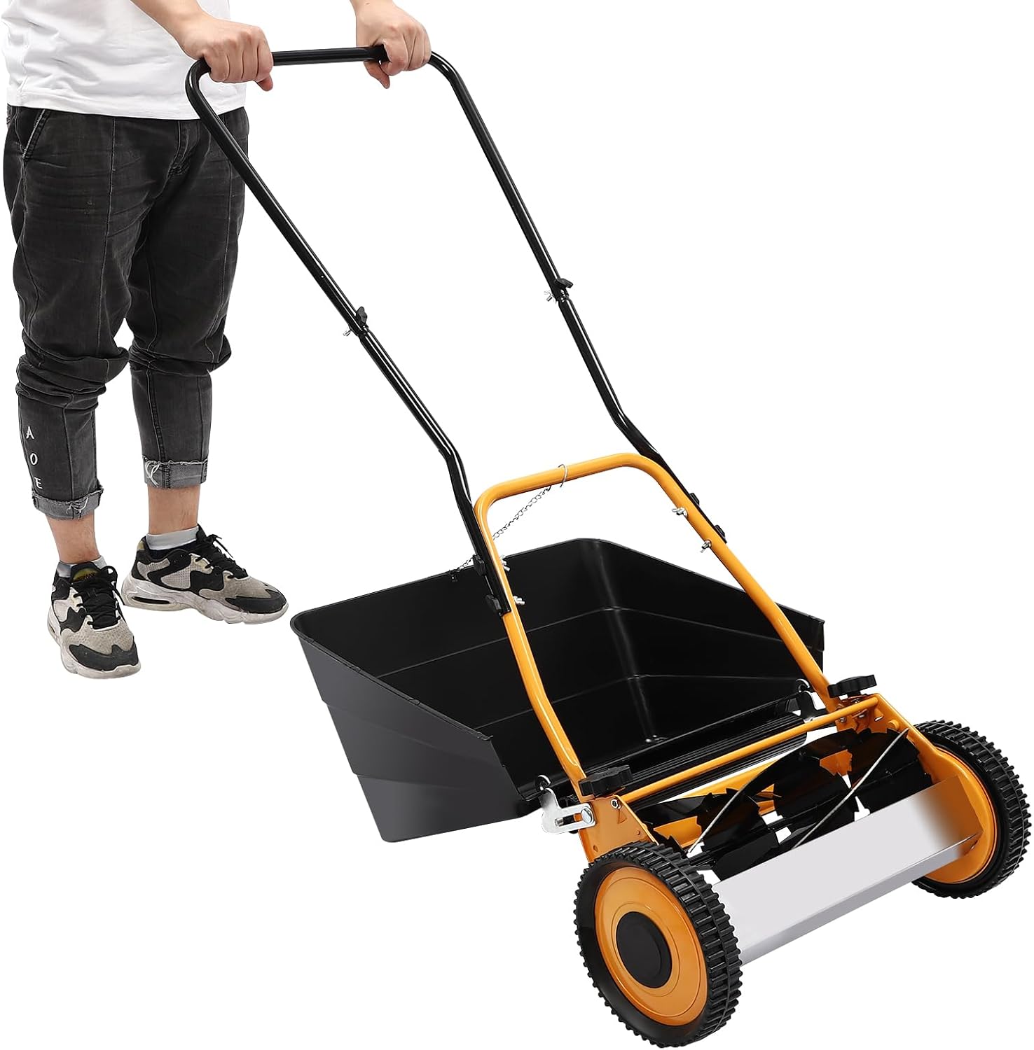 16-Inch Push Reel Lawn Mower, Adjustable Mowing Height,2-in-1 Walk-Behind Steel Lawn Mower with Removable Grass Collecting Box