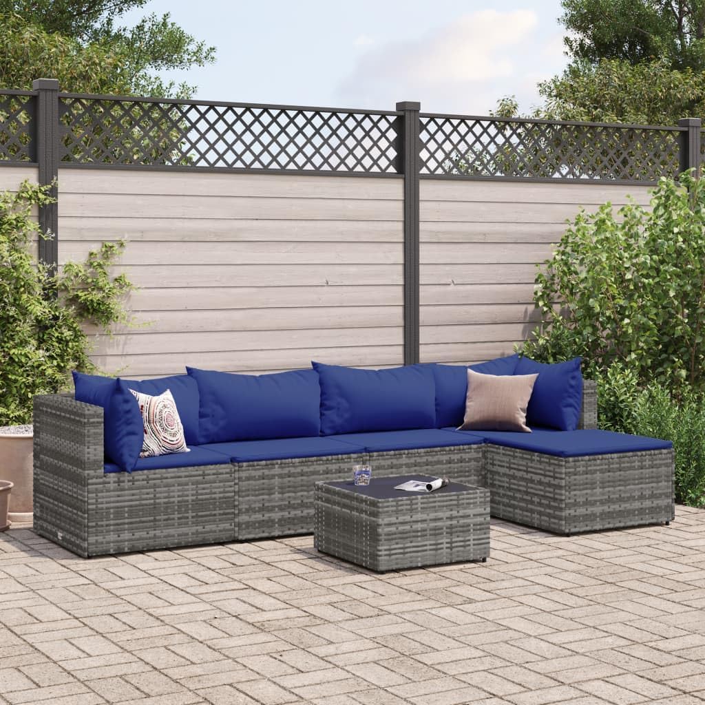 6 Piece Patio Lounge Set with Cushions Gray Poly Rattan,Relaxing Rattan Outdoor Furniture Set with Glass Table for Patio and Garden Furniture Sets for Patio, Lawn & Garden