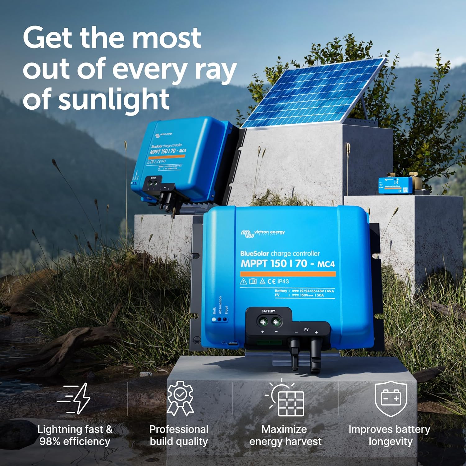 Victron Energy BlueSolar MPPT MC4 Compatible Solar Charge Controller - Charge Controllers for Solar Panels - 150V, 70 amp, 12/24/36/48-Volt