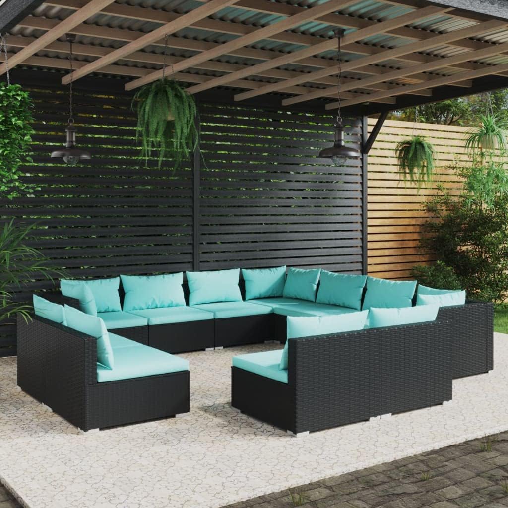 11 Piece Patio Lounge Set with Cushions Black Poly Rattan,Premium 11Piece Black Rattan Garden Lounge Set for Outdoor Comfort and Style Furniture Sets for Patio, Lawn & Garden