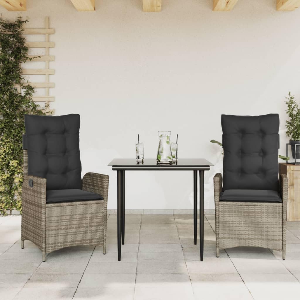 Furniture Sets 3 Piece Patio Dining Set with Cushions Gray Poly Rattan,Rattan Garden Dining Set with Adjustable Reclining Chairs and Glass Table for Outdoor Patio Garden Conversation Sets