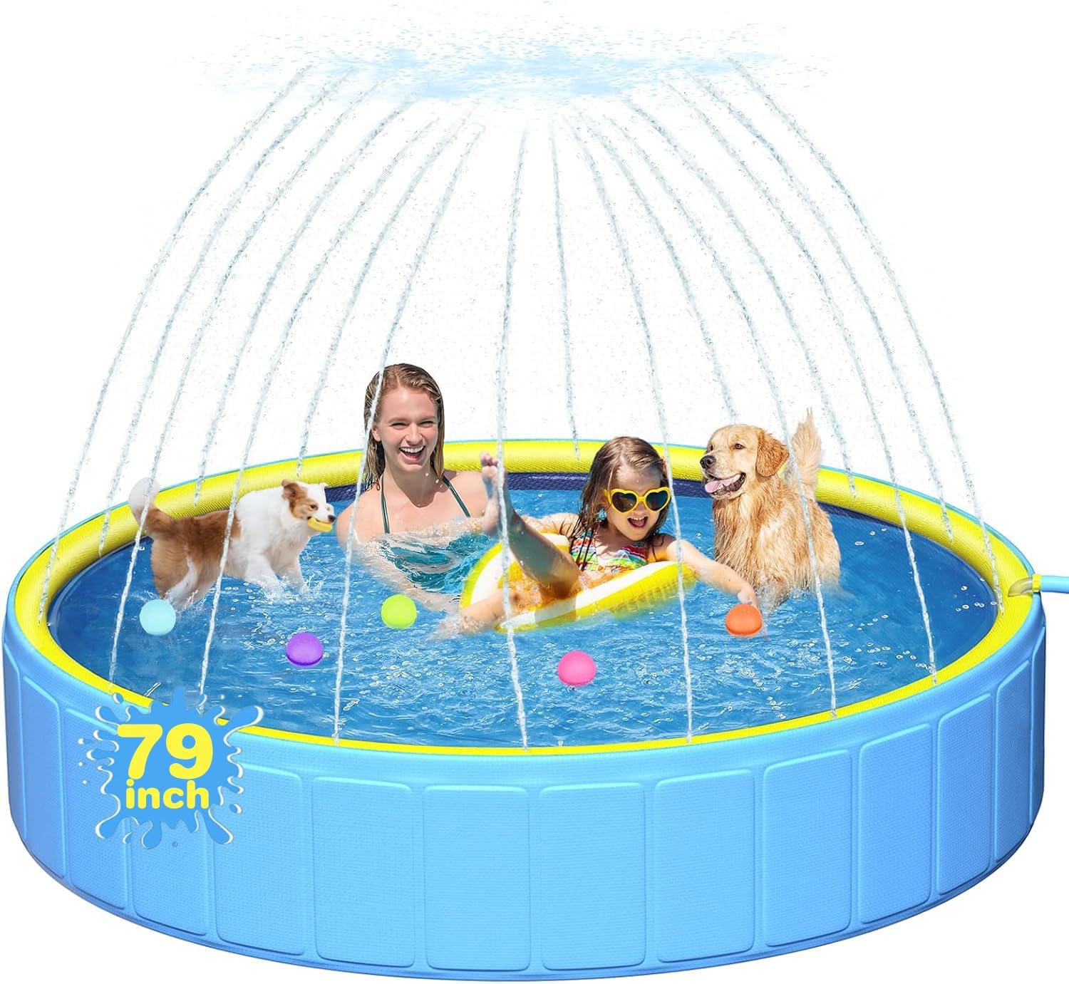 Perfect Combination of Dog Pool and Splash Pad W79 X H12, Sturdyer Foldable Kiddie/Baby Hard Plastic Pools, Summer Swimming Bath Tubs for Kids/Dogs/Pet