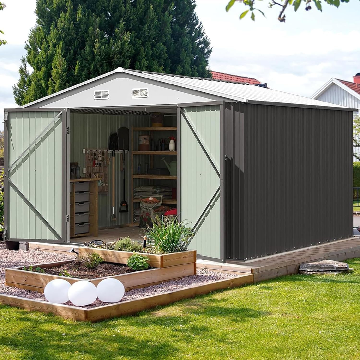 Furniwell 10x8 FT Outdoor Storage Shed, Metal Garden Sheds Outdoor Storage House with Single Lockable Door for Backyard Patio Lawn, Gray