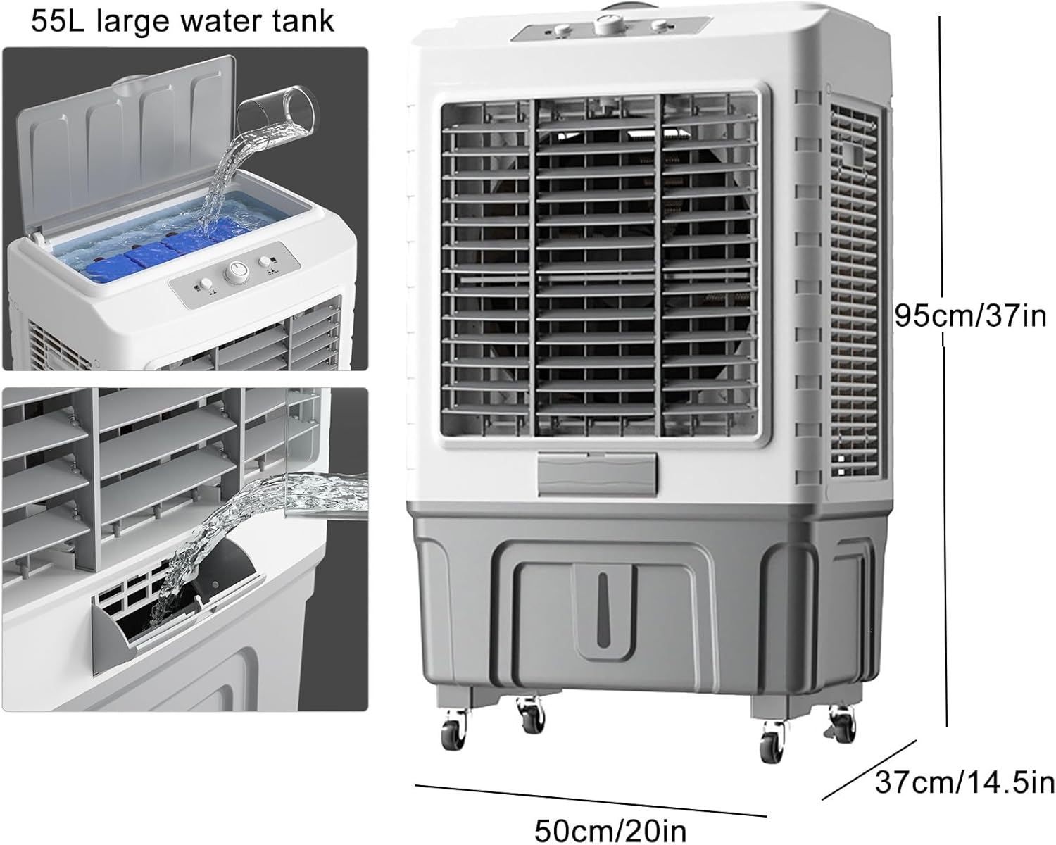 Evaporative Air Cooler Portable Air Conditioner, Fan Cooler with 120° Oscillating, 3 Wind Speeds, Evaporative Cooler for Outdoor Indoor Use(Size:95cm/55L)
