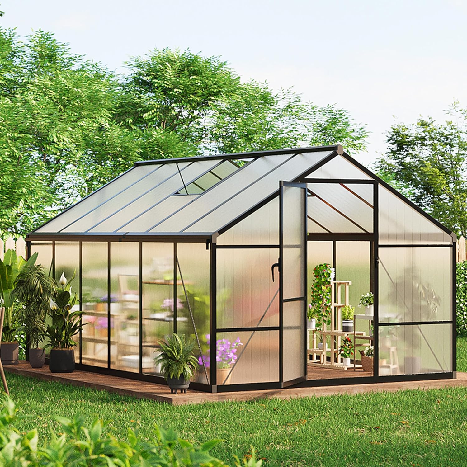 Greenhouse, 8x12 Ft Outdoor Greenhouses, Greenhouse Kit, Portablee Greenhouses with Ground Nails and Vent Windows, Sliding Lockable Door, Polycarbonate Green House for Outside Garden Backyard, Black