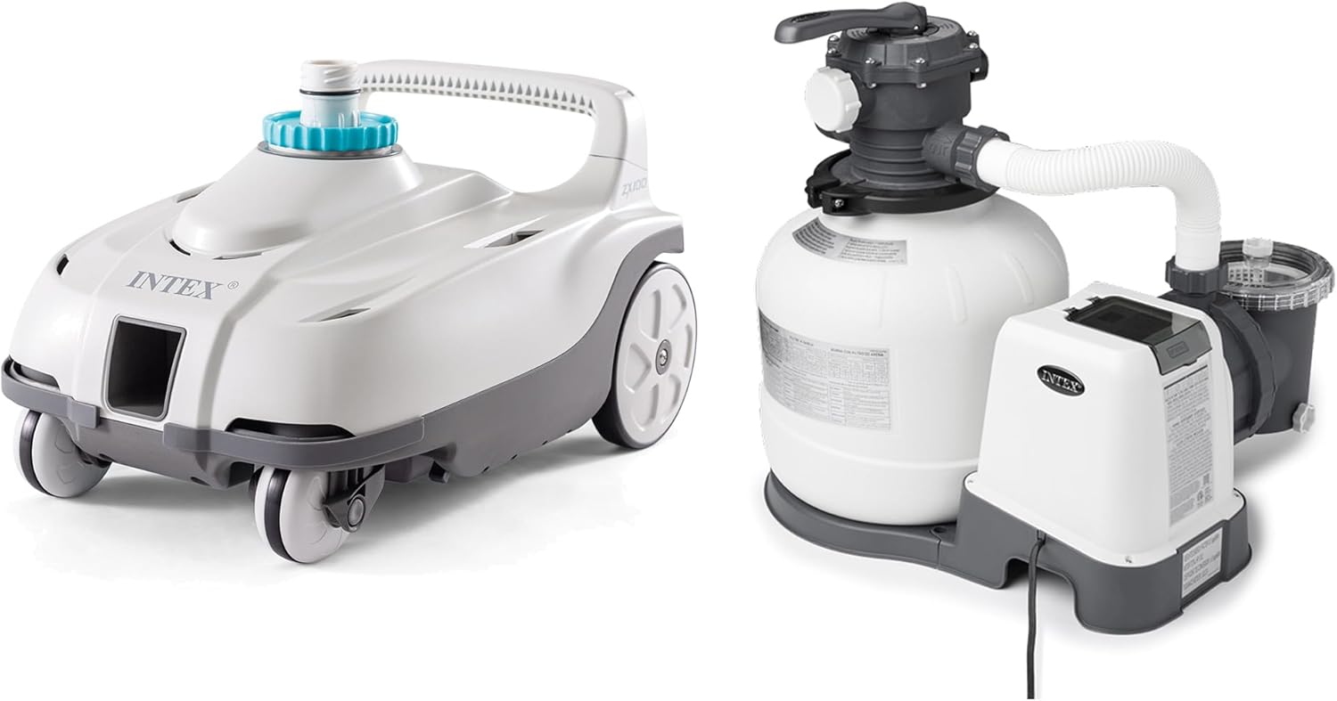 Intex ZX100 Auto Pressure Side Pool Cleaner with Hose and Converter and 2800 GPH Above Ground Pool Sand Filter Pump with Automatic Timer