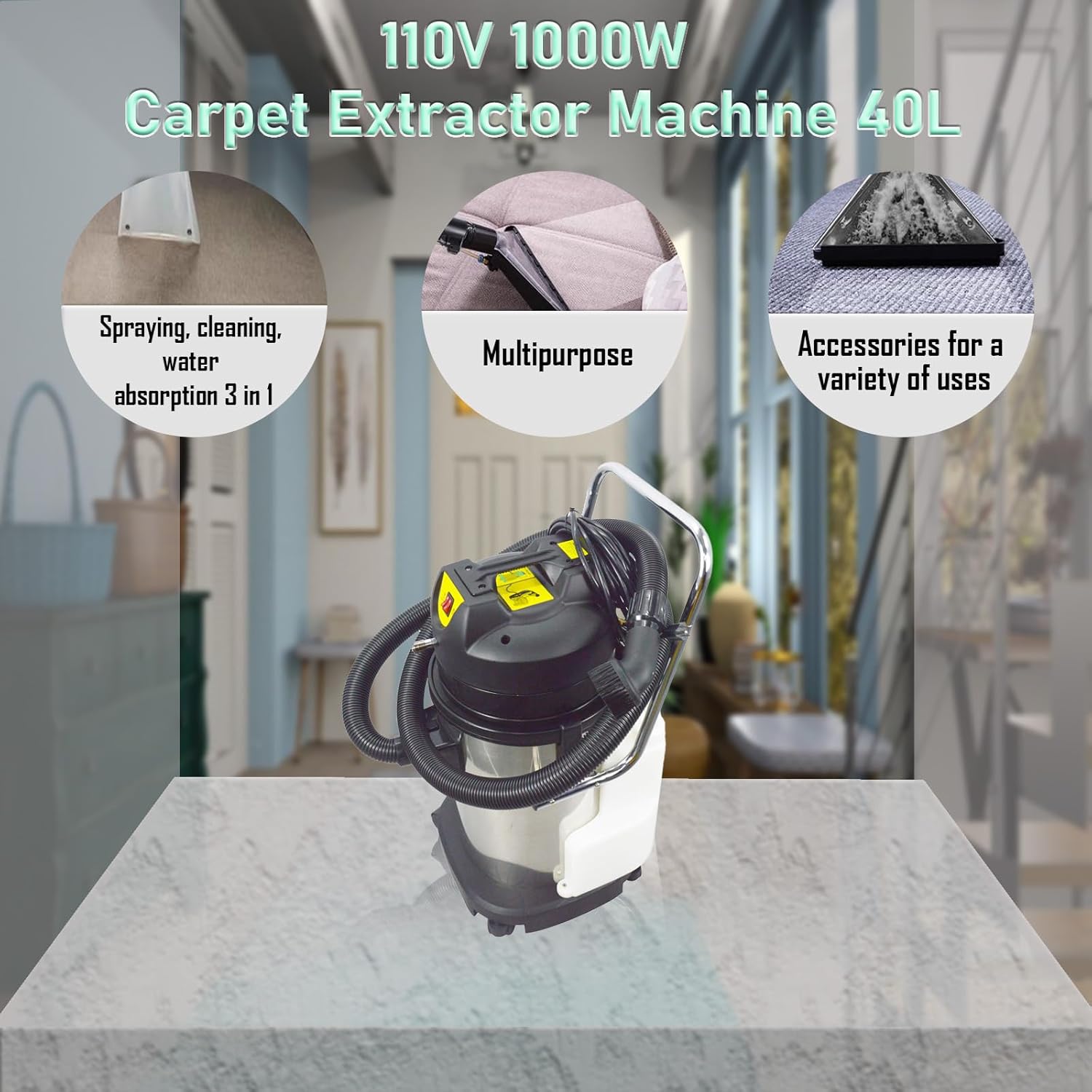 40L Wet & Dry Vacuum Cleaner Carpet Cleaner 3IN1 Commercial Multifunction 1000W Carpet Floor Extractor 110V