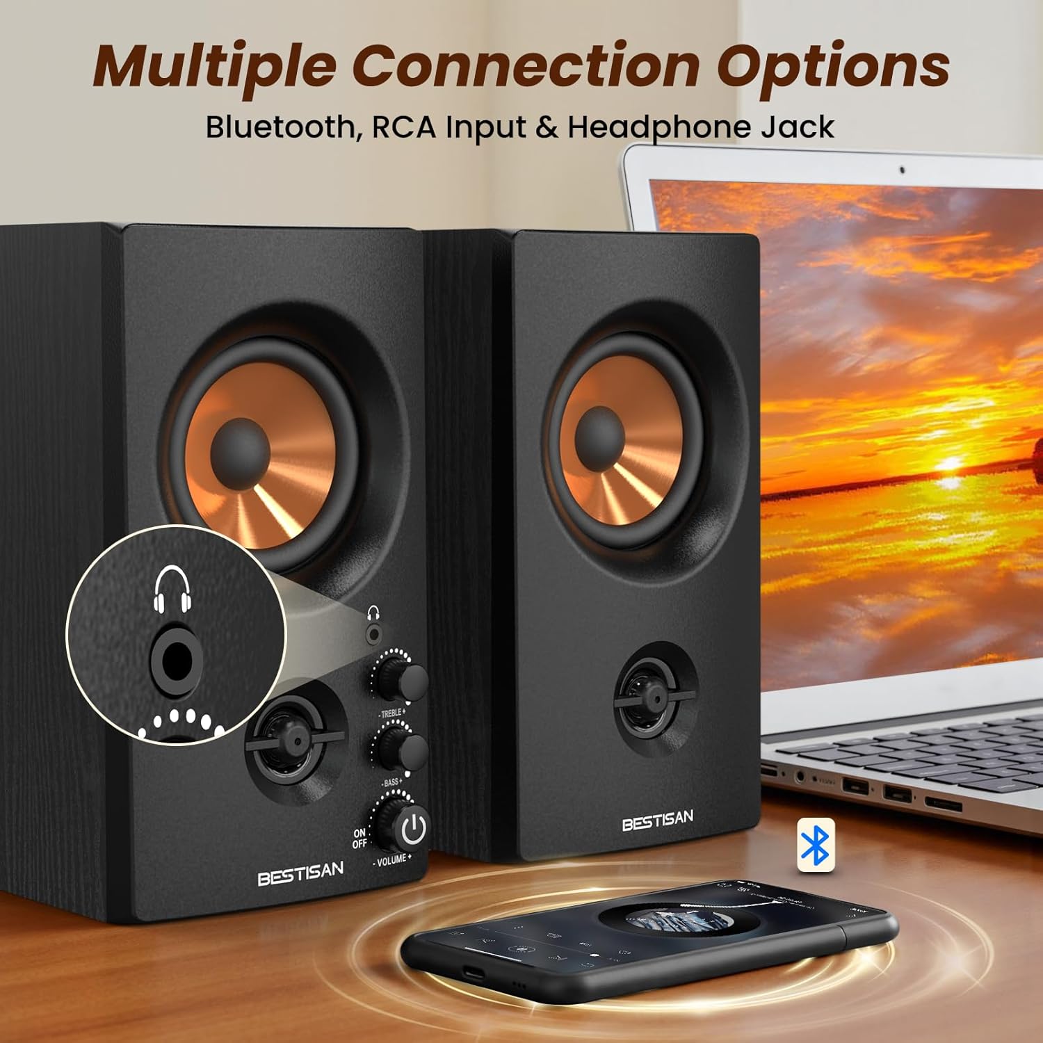 BESTISAN Active Bookshelf Speakers, 50W BT Home Speakers, 3’’ Woofer, 1’’ Silk Dome Tweeter PC Speakers, RCA Speakers for Desktop/Turntable/TV, Bass & Treble Adjustable, Headphone Port for Gaming