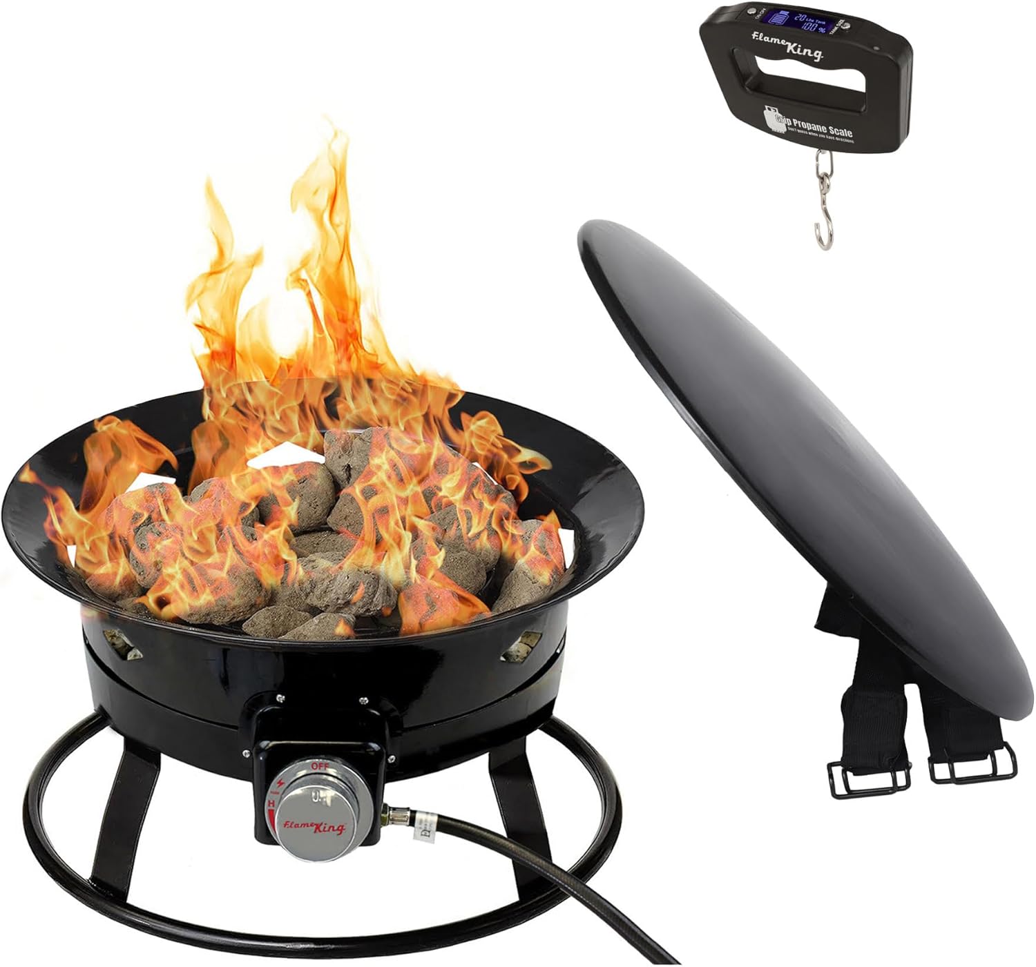 Flame King Smokeless Portable Propane Fire Pit Bowl, 19 inches, 58K BTU with Propane Grip Scale, Self Igniter, Cover, & Carry Straps for RV, Camping, & Outdoor Living