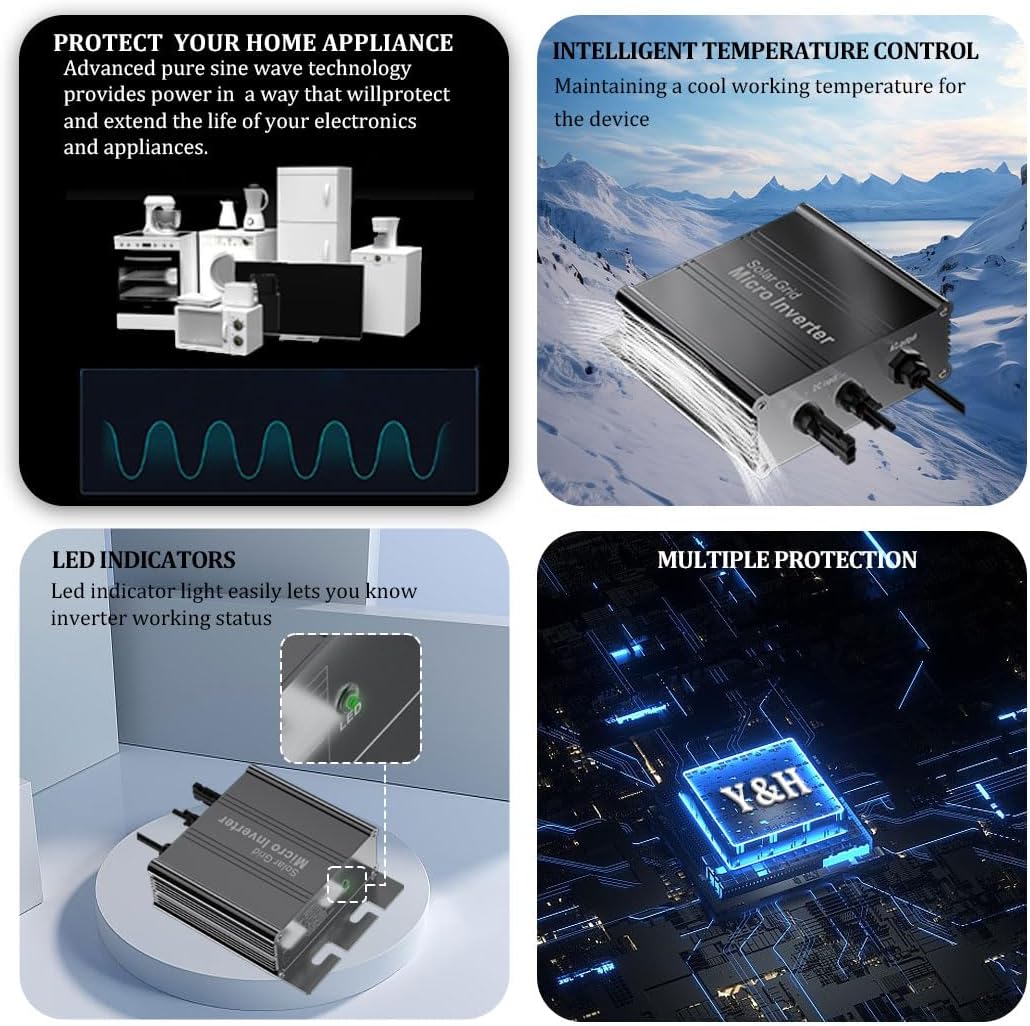 Y&H 500W Grid Tie Micro Inverter Auto AC110V/220V Output, DC26-46V PV Input, MPPT Pure Sine Wave, Suitable for 36V Solar Panel, Ideal for Small Home Solar Power System