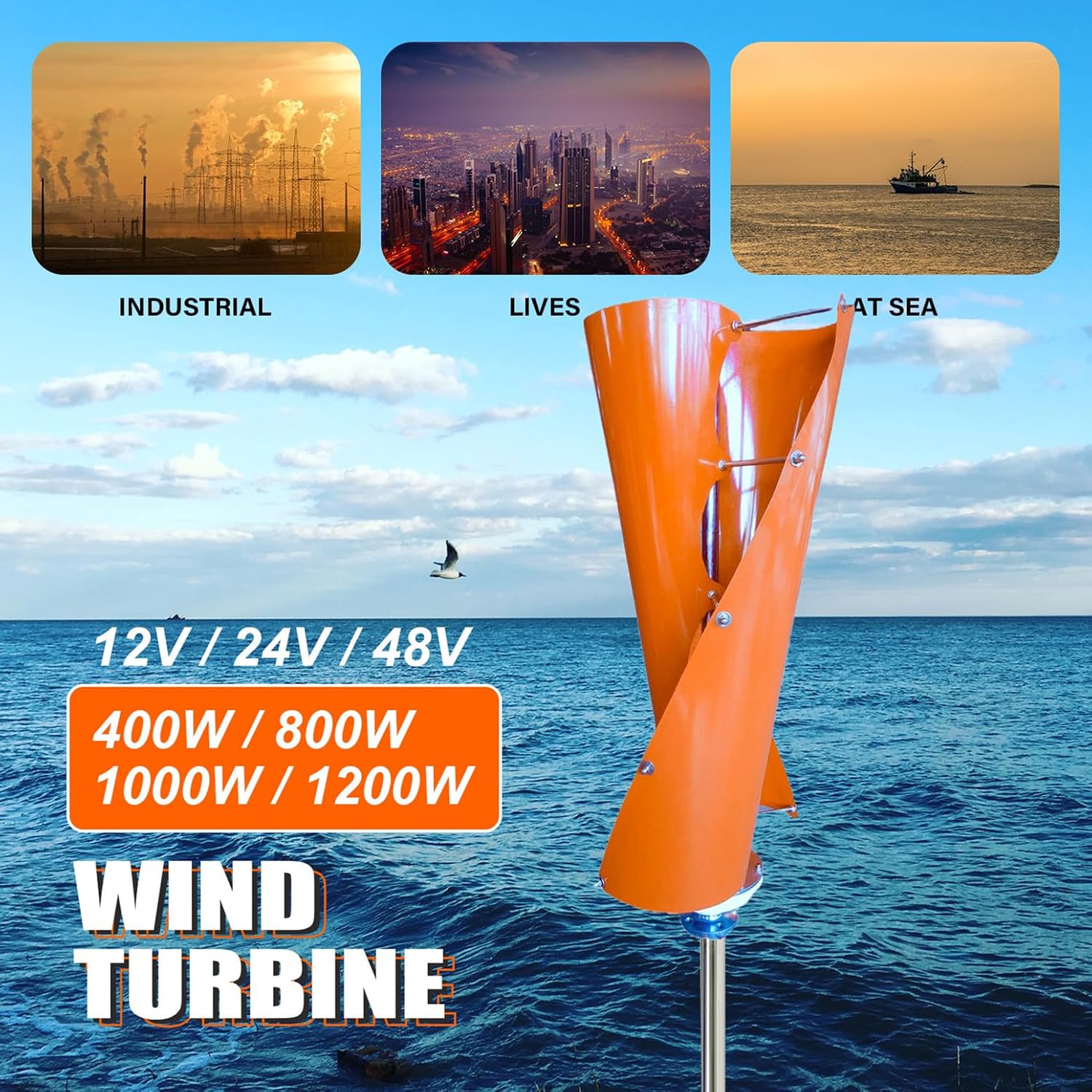 Vertical Spiral Wind Power Turbine Generator 400W / 800W / 1000W / 1200W Maglev Generator Kit 12V / 24V / 48V with Controller and 2 Orange Blades, Breezes Start for Road, Outdoor,400w,48V