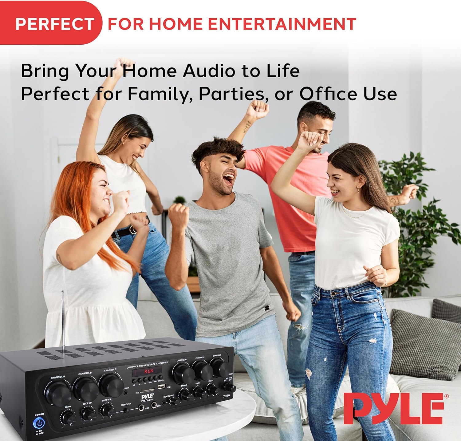 Pyle Wireless Bluetooth Karaoke Amplifier - 6 Channel 750W Power, Stereo Receiver Home Audio Amplifier w/USB,AUX, Subwoofer Out, Headphone, 2 Mic Input w/Echo, Talk-Over For PA