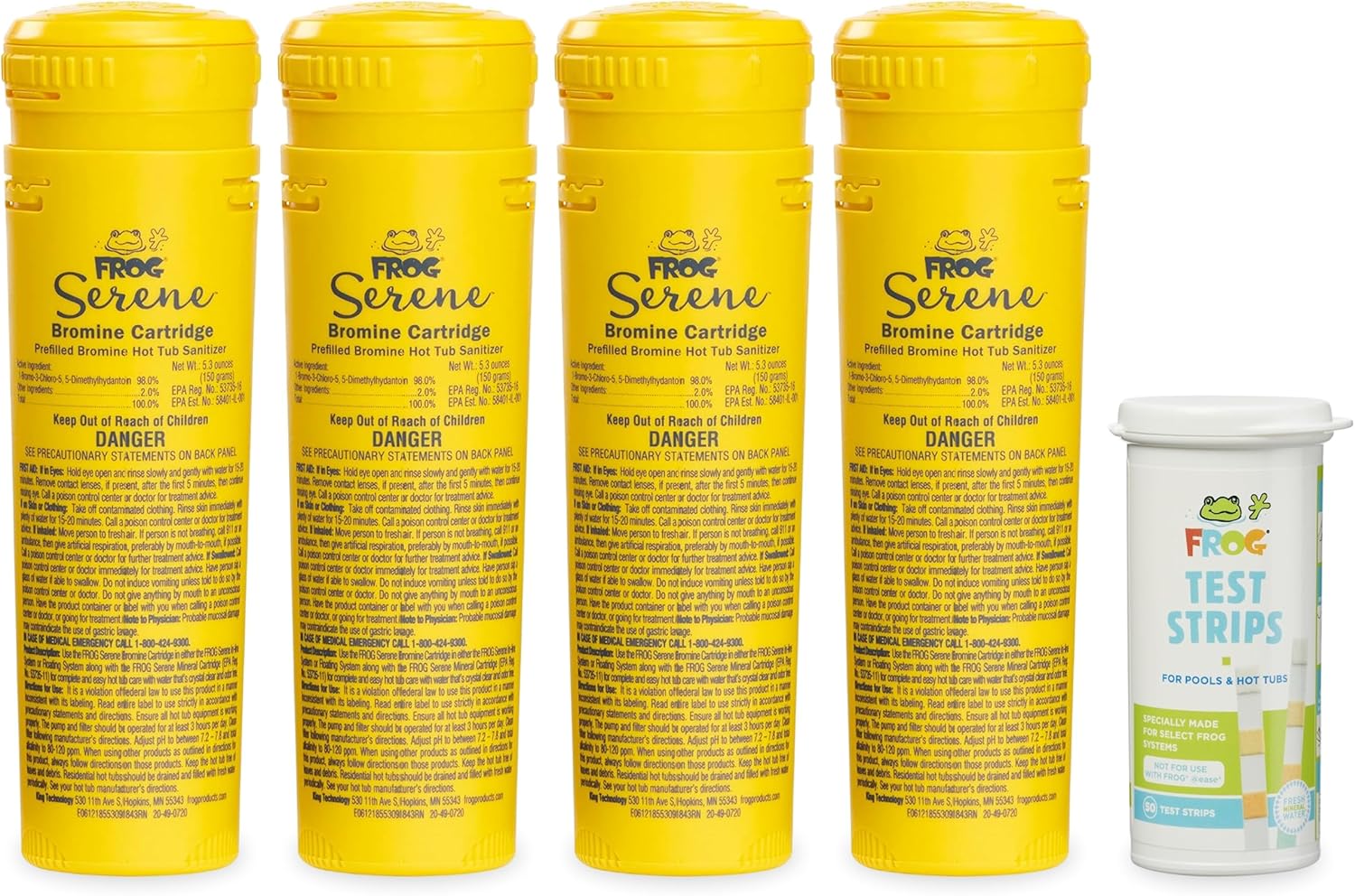 FROG Serene Replacement Bromine Cartridges for use with Hot Tub FROG Serene Floating Sanitizing System with 50 Test Strips - Prefilled for Quick & Easy Hot Tub Maintenance - 4 Pack