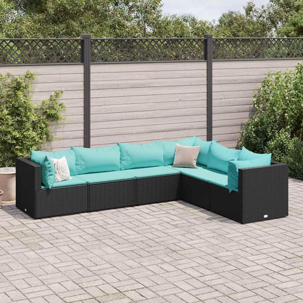 6 Piece Patio Lounge Set with Cushions Black Poly Rattan Garden Furniture