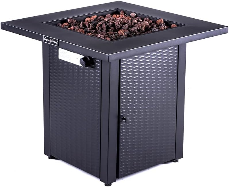 OCMC 28 Inch Outdoor Propane Gas Fire Pit Table 50,000 BTU with Lid and Lava Rock for Outside Garden Backyard Deck Patio, Black