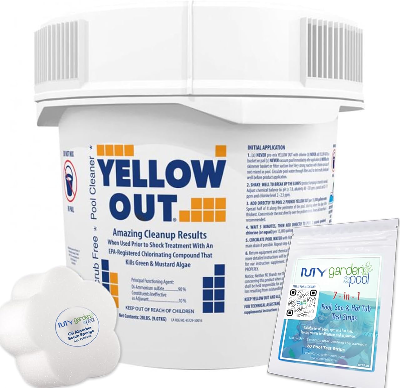 Yellow Out Swimming Pool Chlorine Shock Enhancing Treatment - 20 lbs, 24-Hour Algae Removal with My Garden Pool 20 Ct. Test Strips & Scum Sponge Flower Oil-Absorbing Sponge for Hot Tubs and Pools
