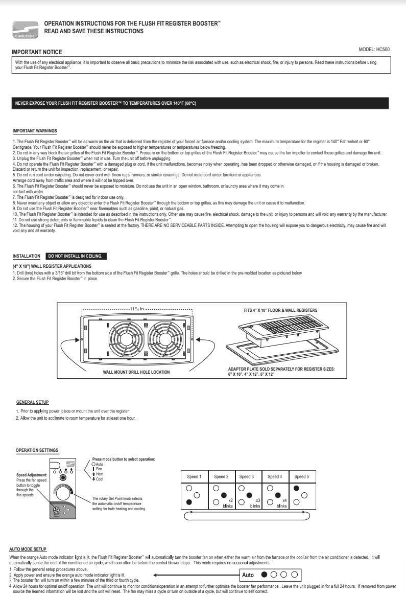 Suncourt Flush Fit Register Air Booster Fan HC500-W- White - (2 Pack)