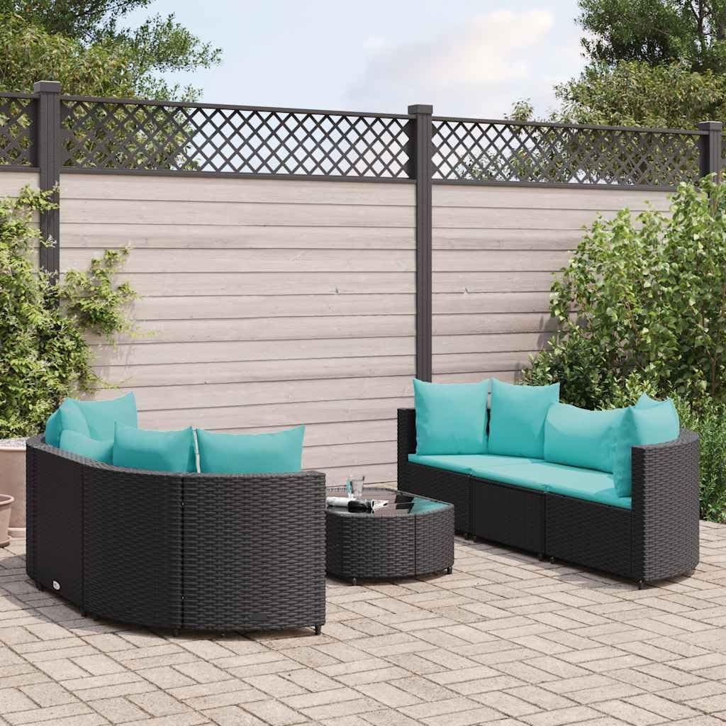 6-Piece Black Patio Sofa Set, All-Weather Poly Rattan Outdoor Furniture with Tempered Glass Table, Balcony Garden Dining Seating