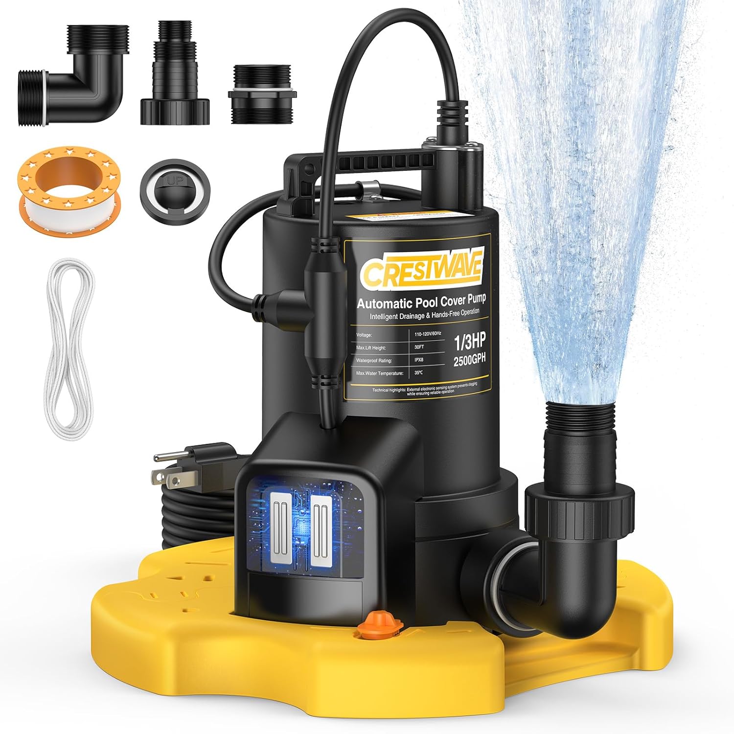 CrestWave Automatic Pool Cover Pump, 1/3 HP 2500GPH Submersible Water Pump with Unique External Sensor Switch & 3/4” Check Valve Adapter, Water Removal for Swimming Pool Cover, Pond, Basement and more