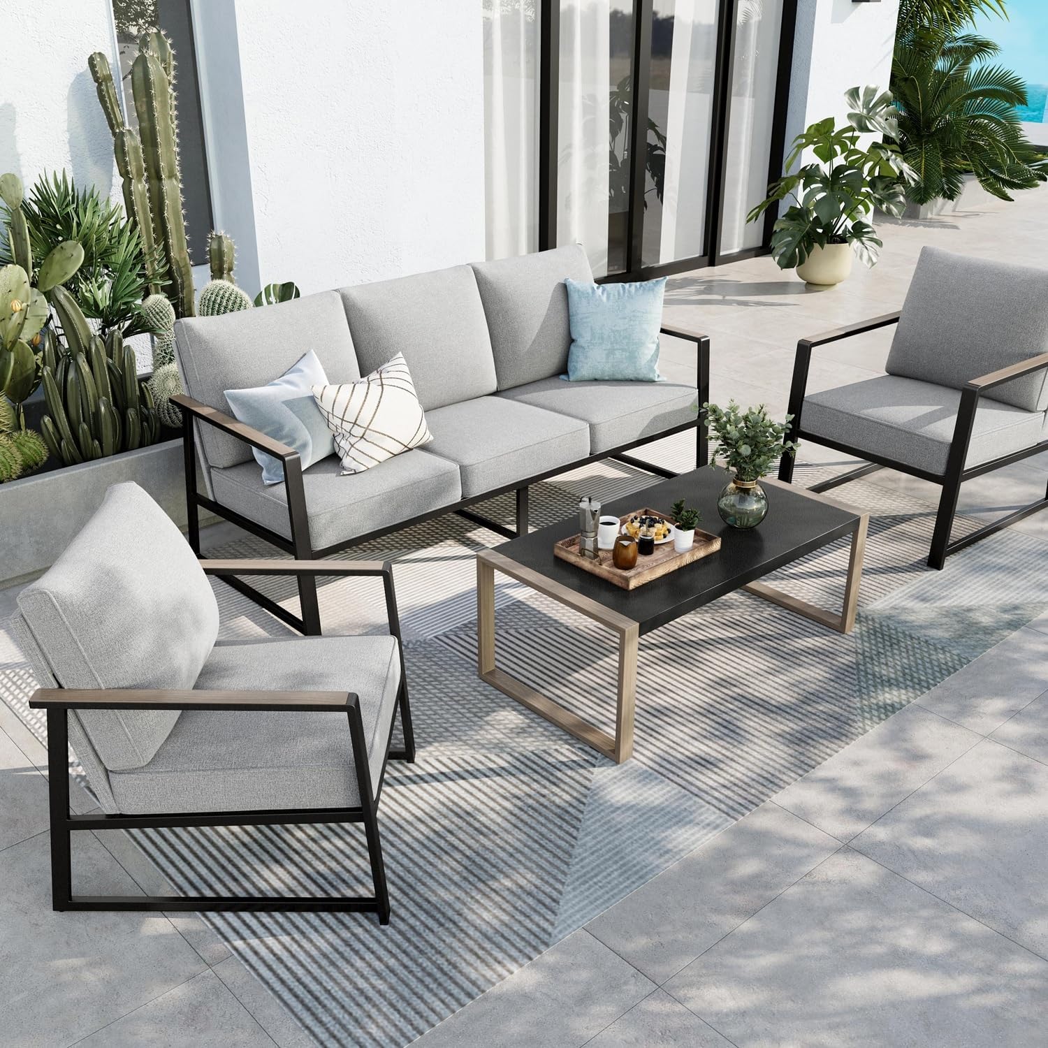 MFSTUDIO 5 Seats Patio Furniture Sets, Olefin-Filled Textilene Fabric Backrest Outdoor Conversation Sets with Coffee Table, 4 Pieces Metal Frame Outdoor Sectional Sofa Sets for Garden, Backyard(Grey)