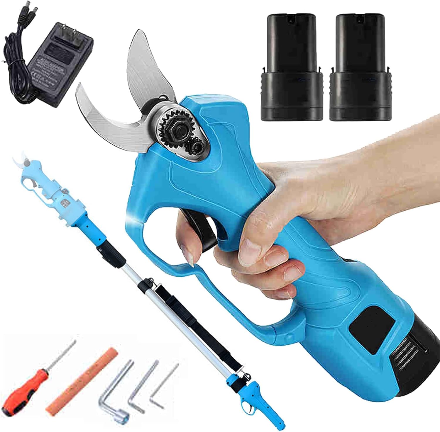 21V Cordless Electric Pruning Shears 28Mm Cut Electric Pruner with 220Cm High Reach Extension Pole Extendable Tree Pruning Pruner Garden Tree Branch Pruner