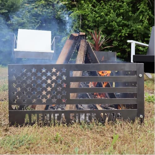 American Flag Since 1776 Steel Fire Pit - Metal Outdoor Backyard Fire Ring - Patriotic Patio Decor - Stars & Stripes Firepit (Raw Steel -Dark, 35