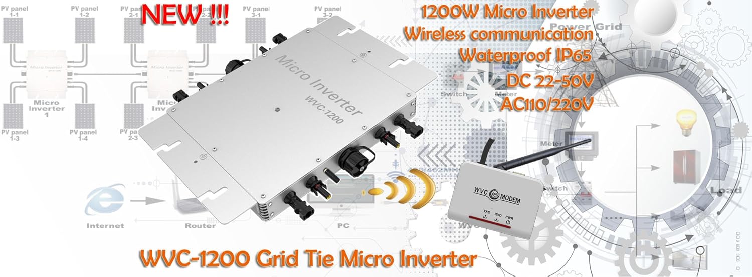 1200W Micro Inverter with Communication Function 22-50Volt DC 180-260Volt AC Grid Tie Inverter for 4pcs 300W 36V PV Panels(AC 220V)