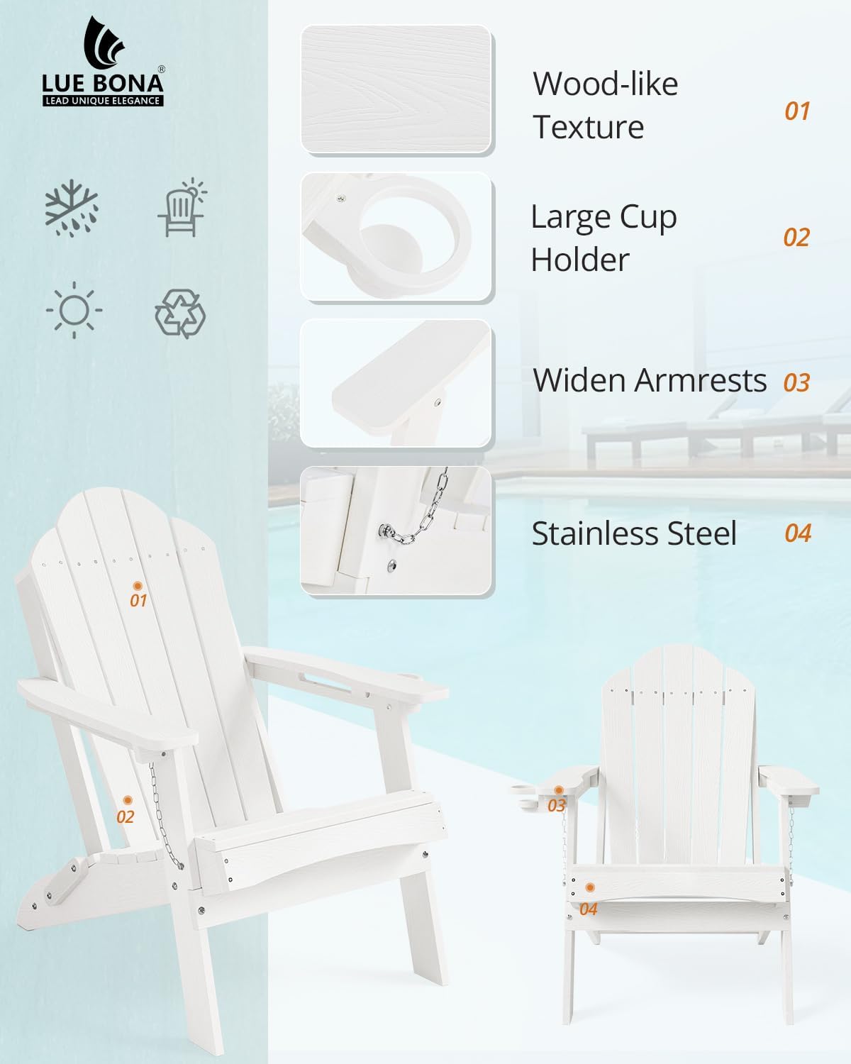 LUE BONA Folding Adirondack Chair, Chairs Set of 4, Cup Holder, Woodgrain, Fire Pit, Patio, Pool, White