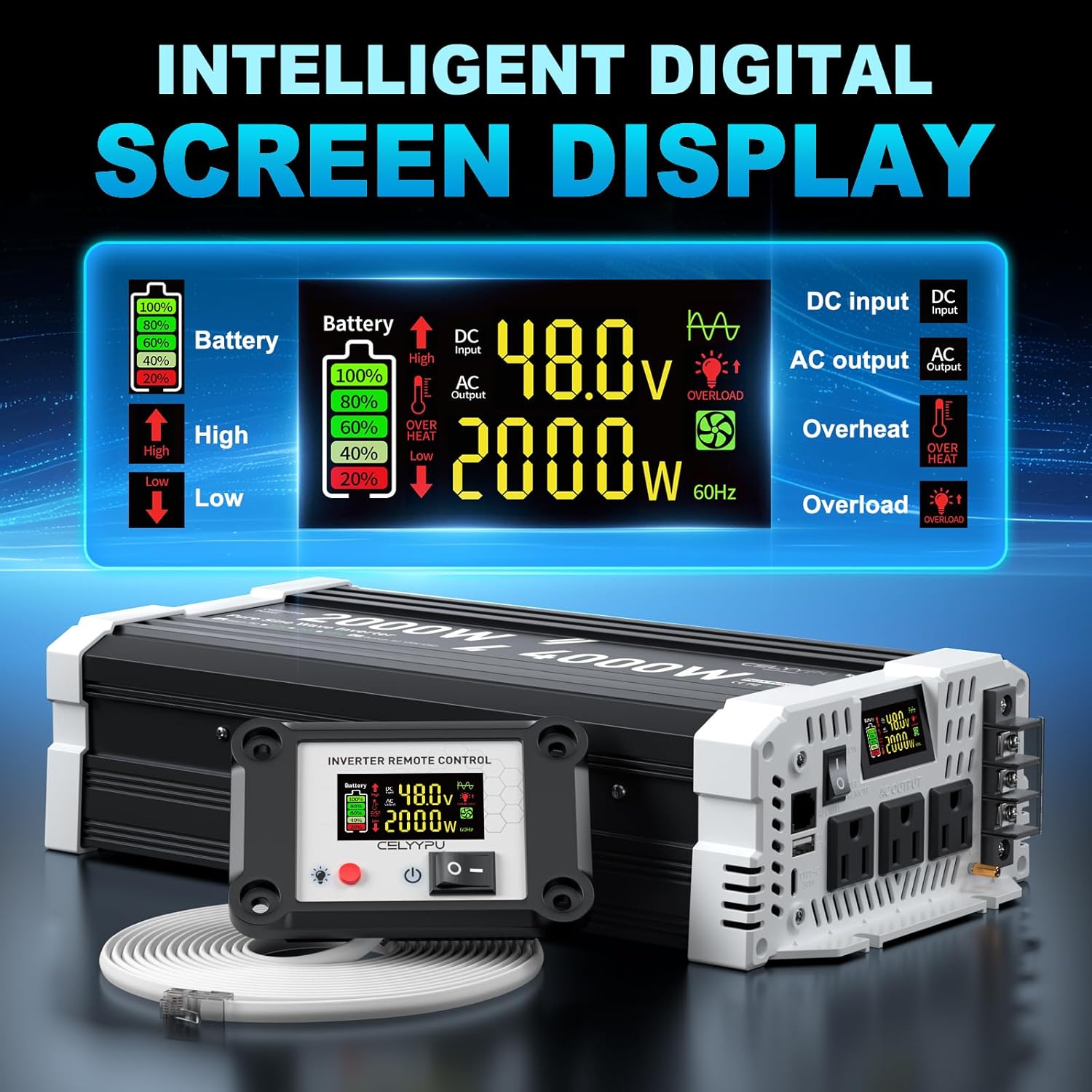 2000 watt Pure sine Wave Inverter, 48V DC to 110V AC Power Inverter, Used for Solar Emergency Power Supply in RV Homes, with 3 AC Output sockets, USB Port, Type-C Port, Remote Control with LCD Screen