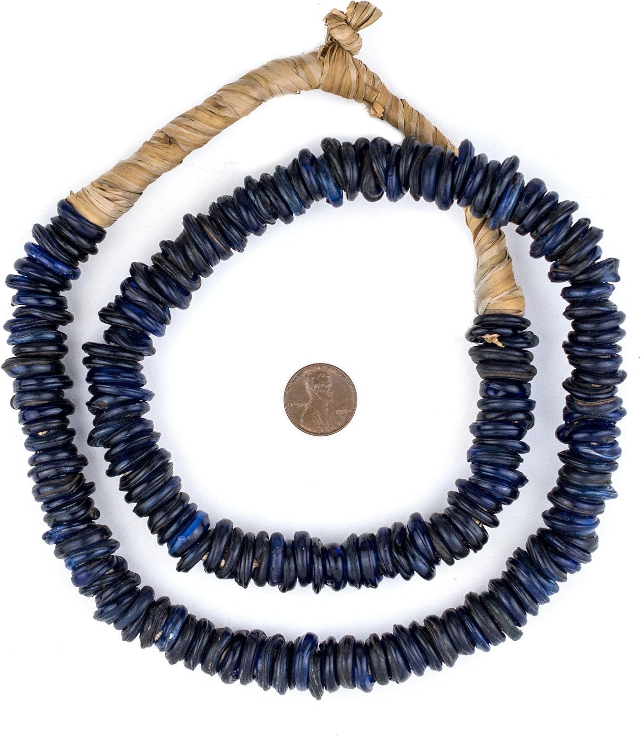 The Bead Chest Old Blue Ethiopian Annular Dogon Beads 15mm African Disk Glass Large Hole 27 Inch Strand Handmade