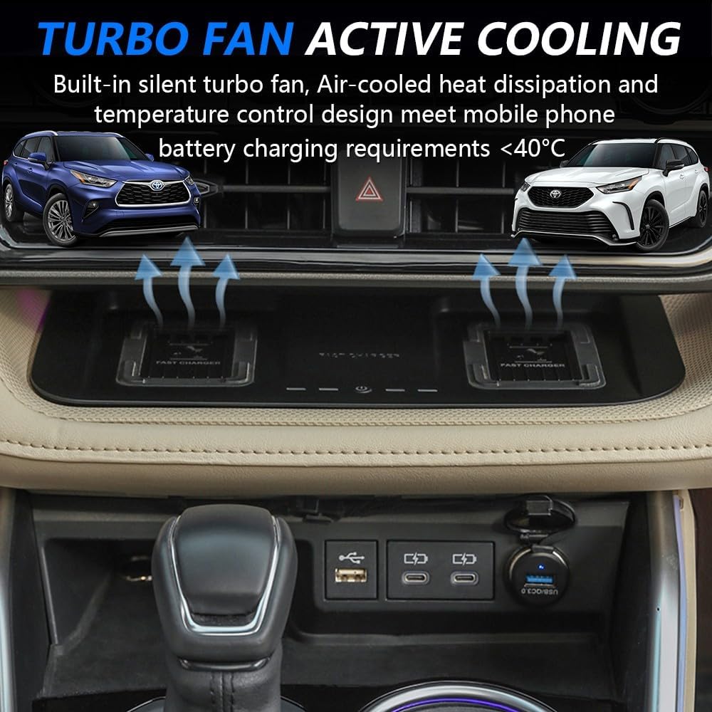 2023 Upgrades Wireless Car Charger for Toyota Highlander Accessories 2023 2022 2021 2020, OEM Style Phone Dual Charging Pad for Toyota Highlander L/LE/XLE/XSE/Limited/Platinum Car Interior