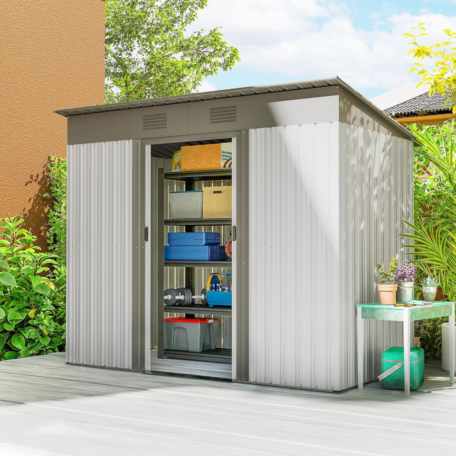 Outsunny 7' x 4' Metal Lean to Garden Shed, Outdoor Storage Shed, Garden Tool House with Double Sliding Doors, 2 Air Vents for Backyard, Patio, Lawn, Silver