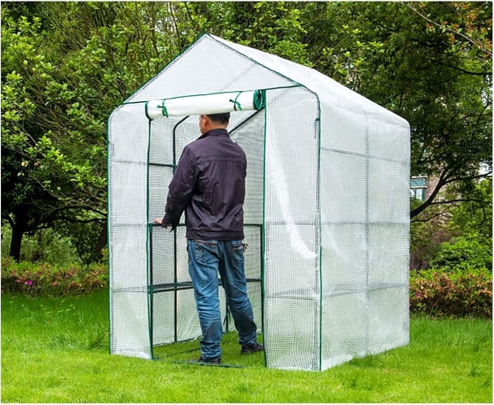 Garden Greenhouse Tent, Large Walk-in Tomato Greenhouse Tent, Front Roll Zipper Entrance with 8 Shelves, 143 X 143 X 195 cm (Color : White)