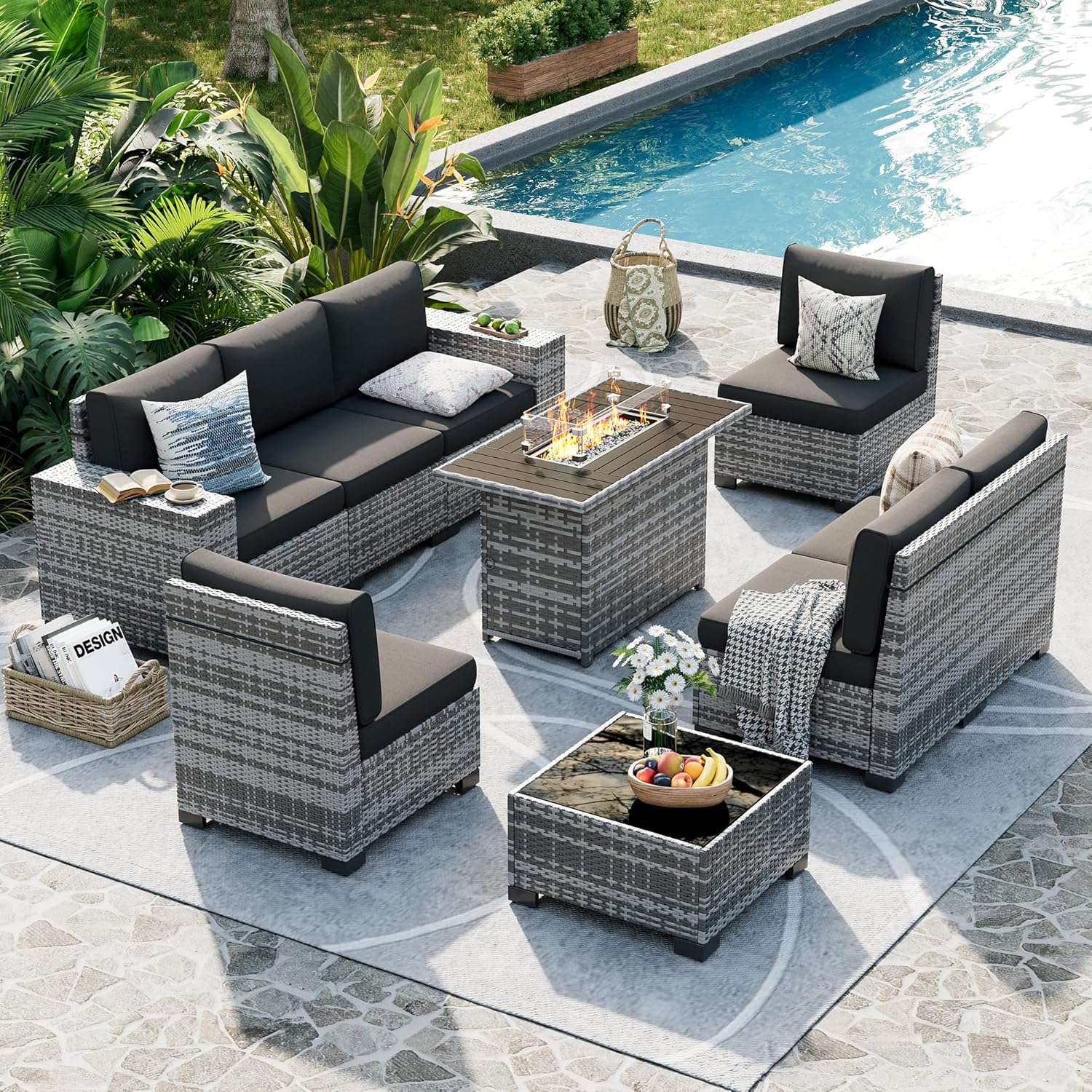 UDPATIO Patio Furniture Set with Fire Pit Table, 8 Inch Armrest Outdoor Sectional Sofa, 9 Piece Wicker Outdoor Furniture Conversation Sets with Waterproof Cover for Backyard Deck(Grey/Black)