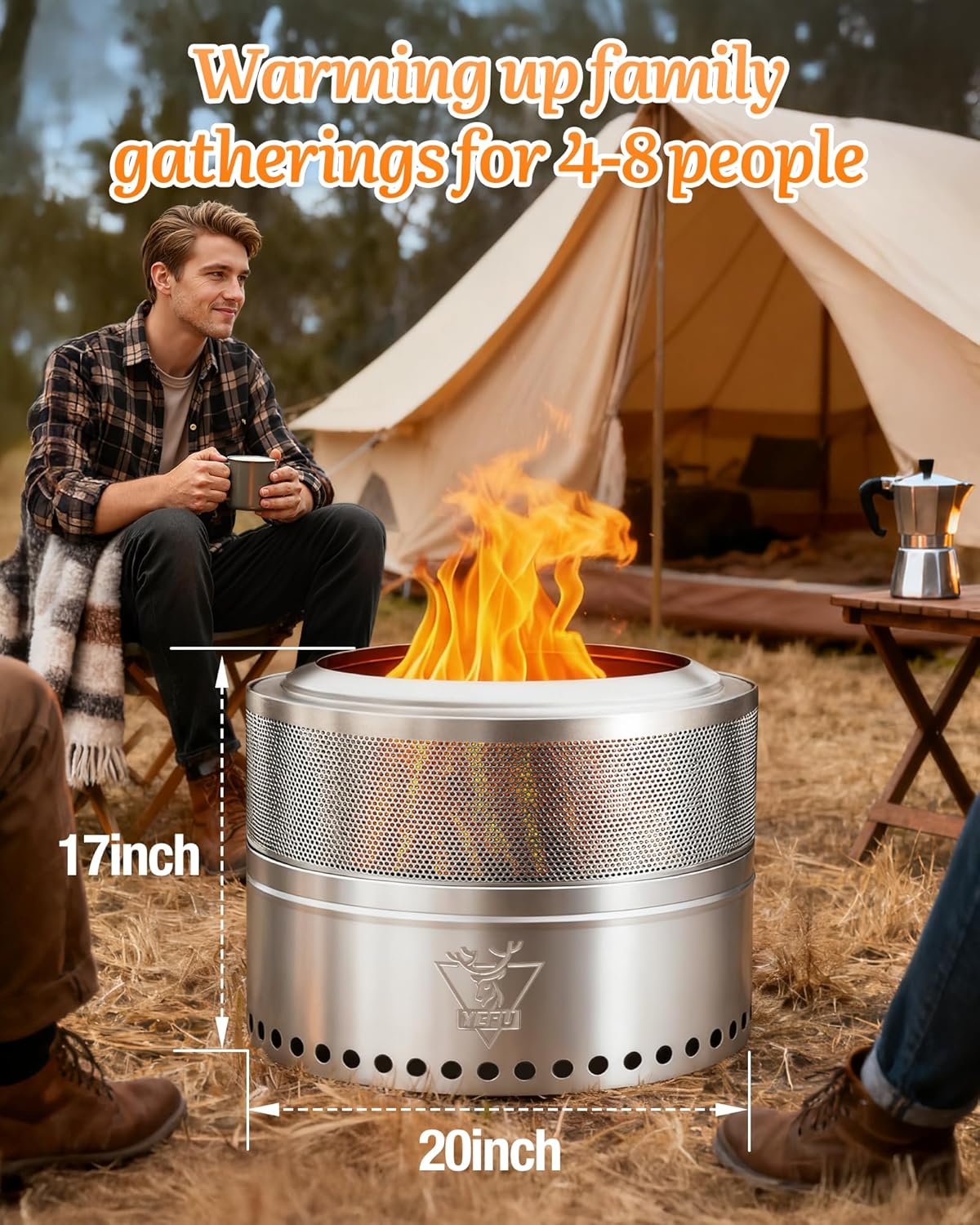 YEFU Smokeless Firepit Foldable 19in: Portable Fire Pit for Outside Wood Burning - Outdoor Camping Patio Bonfire Pit with Removable Ash Pan Easy to Carry & Clean