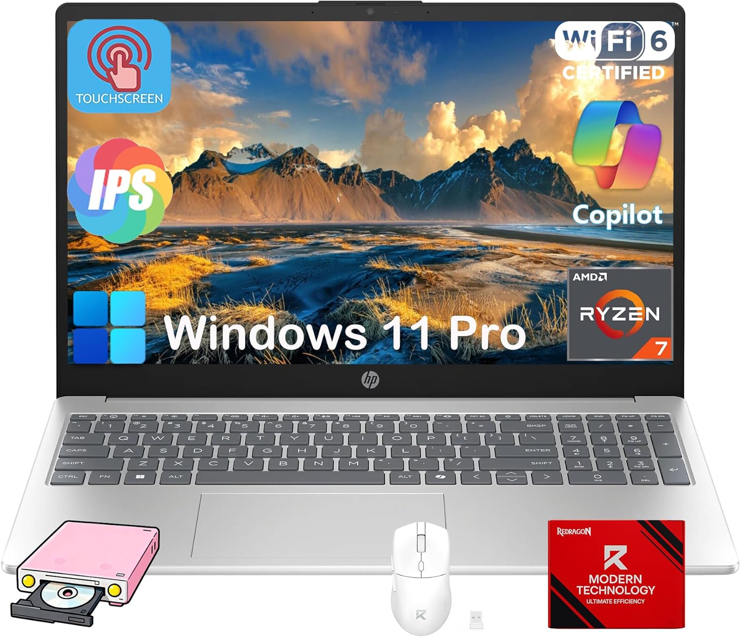 HP 15.6-inch Touchscreen Laptop Computer for Business & Student, 16GB RAM, 1TB SSD, AMD Ryzen 7 7730U, FHD Touch Anti Glare Display, Numeric Keyboard, Copilot, WiFi 6, Camera, Win 11 Pro, Accessories
