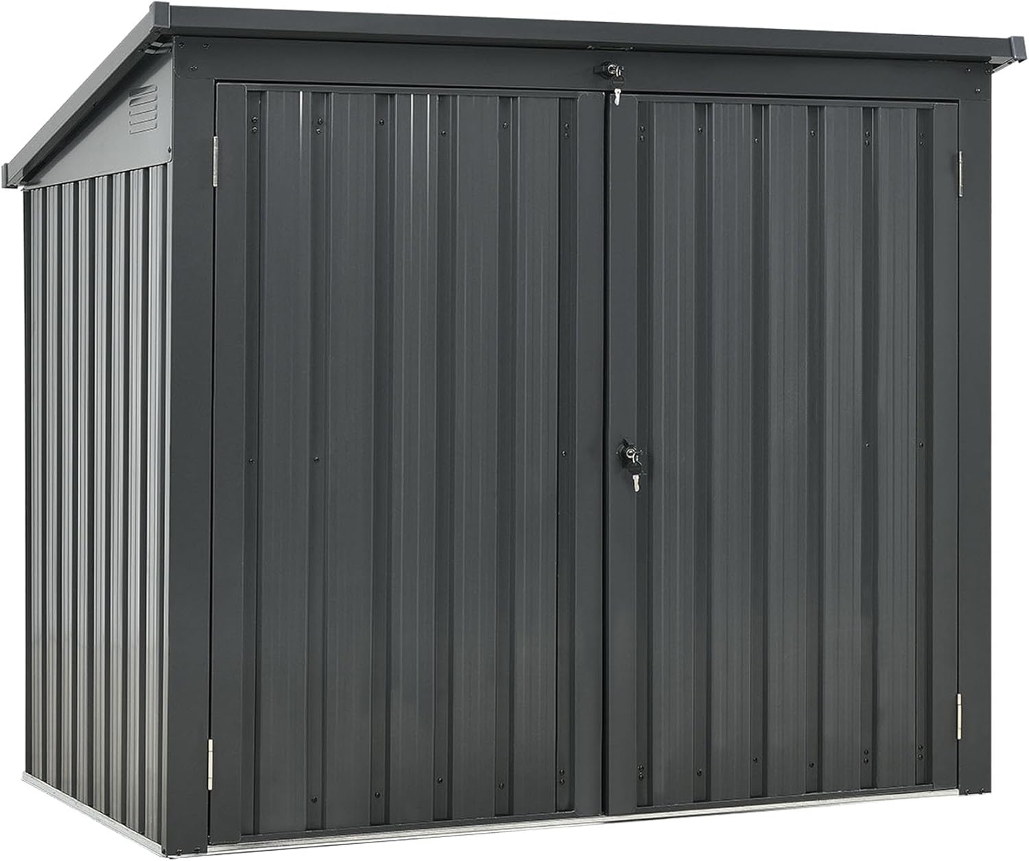 62” Grey Metal Outdoor Storage Shed with Sloped Roof, Lockable Tool Shed for Trash Cans, Garden Tools, Firewood, or Pet House, Waterproof, Galvanized Steel (Black)