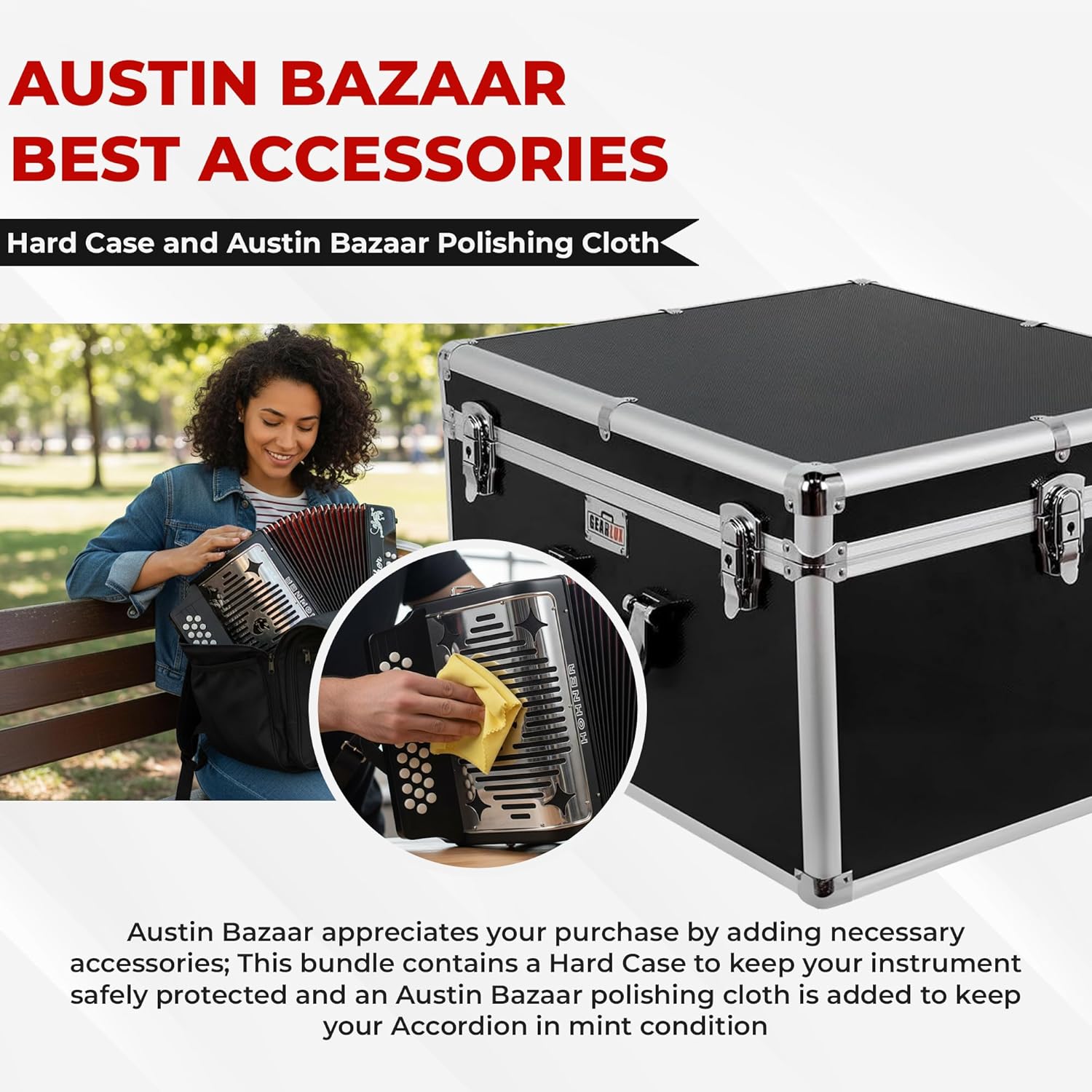 Hohner Panther Diatonic Accordion - Keys F/Bb/Eb Bundle with Hard Case and Austin Bazaar Polishing Cloth