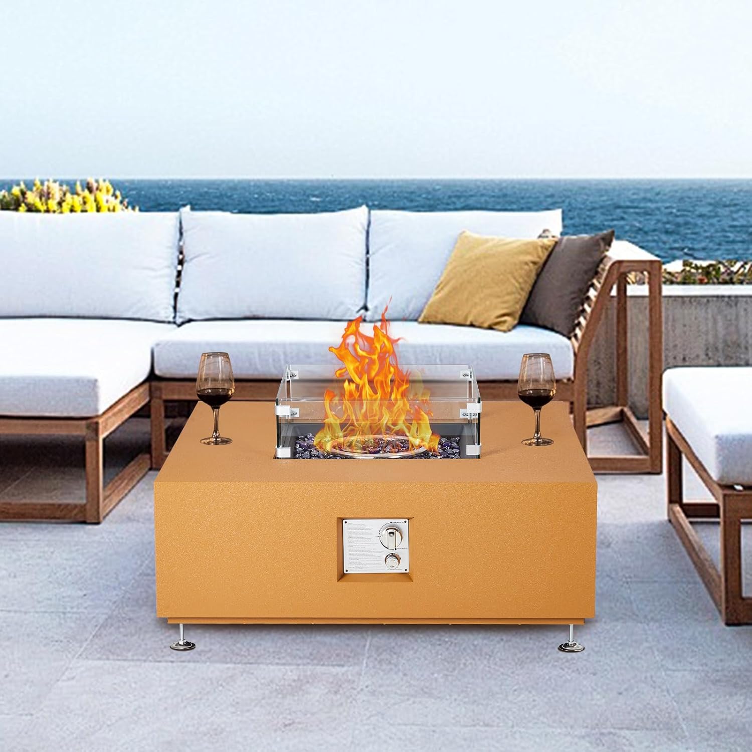 50,000 BTU Certified Propane Fire Pit Table – 36 Inch Rectangular Outdoor Fireplace with Wind Guard Glass, Lid & Waterproof Cover for Backyard, Garden and Party