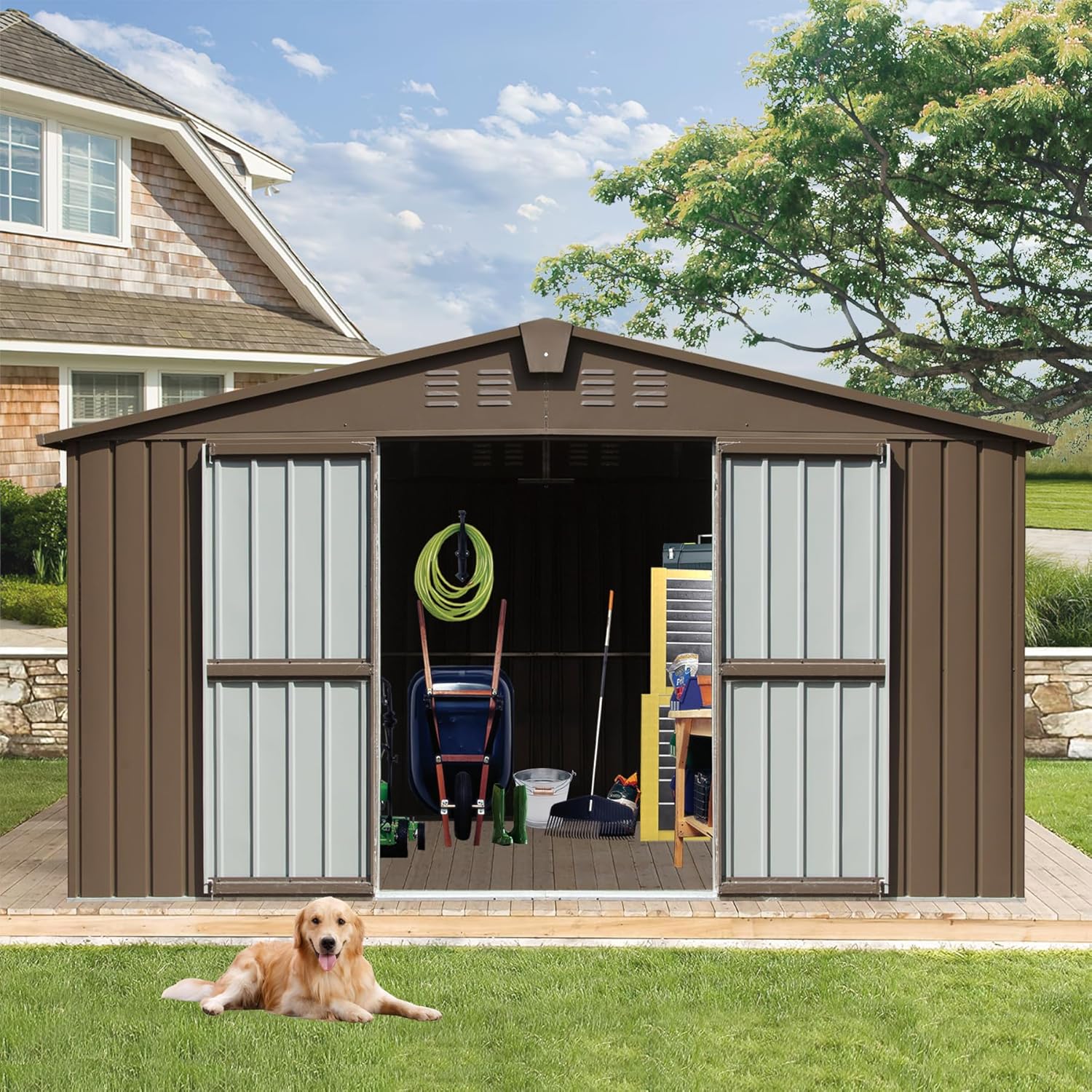 Large Metal Storage Shed Outdoor Garden Shed with Windows Lockable Doors Sloping Roof Shutter Vents No Floor Galvanized Steel All-Weather Backyard Tools Shed Outside Storage House (Brown 11x12.5 FT)