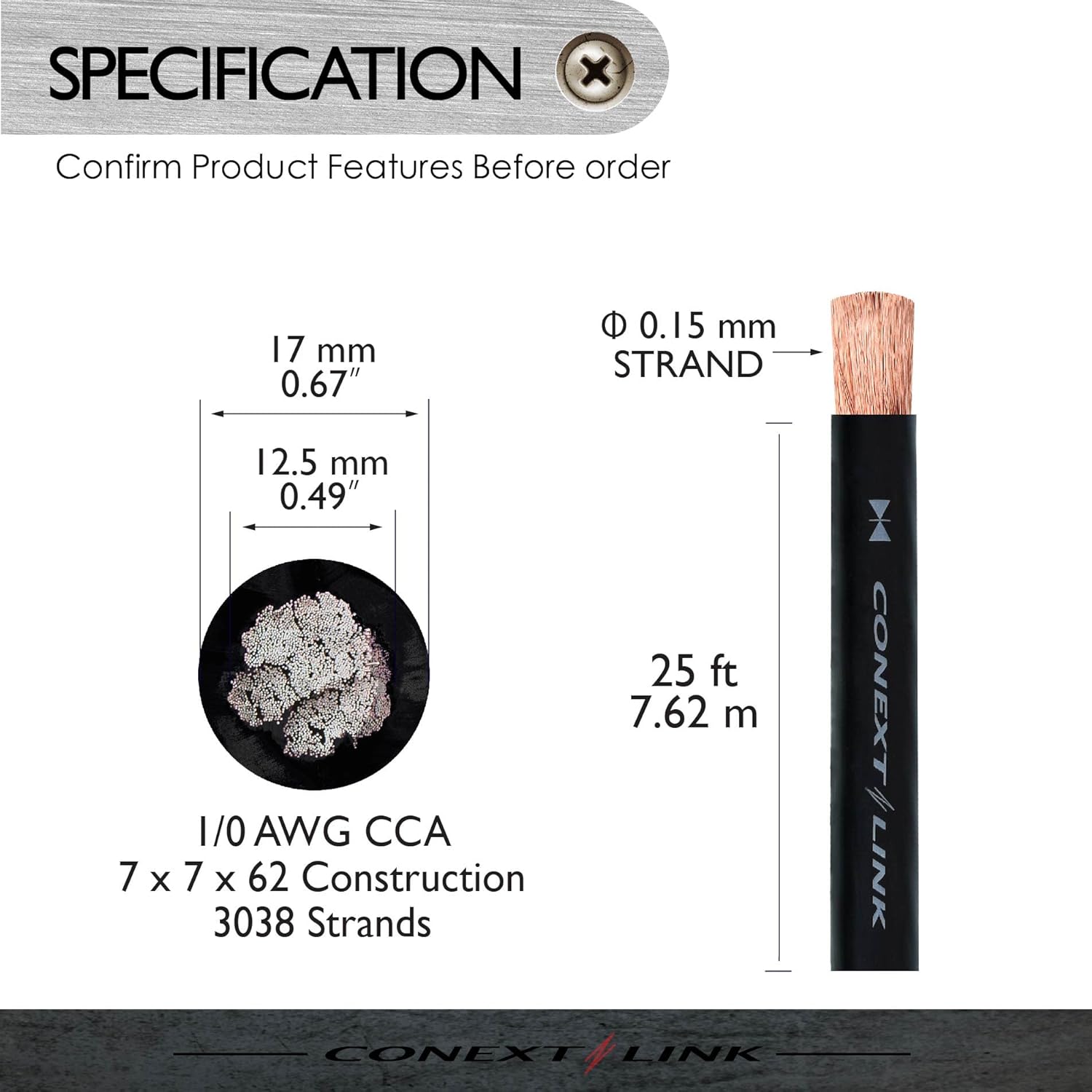 Conext Link 25 ft Feet Frost Black 1/0 Gauge Amplifier Power Ground Wire 0 GA Battery Cable （10823）